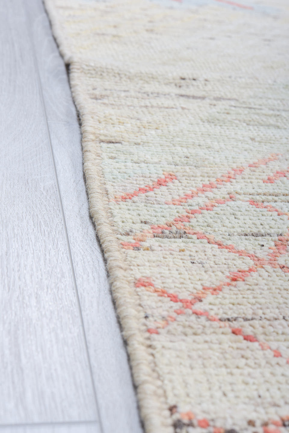 12' x 15' one-of-a-kind handmade vintage Tulu oversize rug. Color palette: ivory, salmon, sky_blue, light_gold, beige