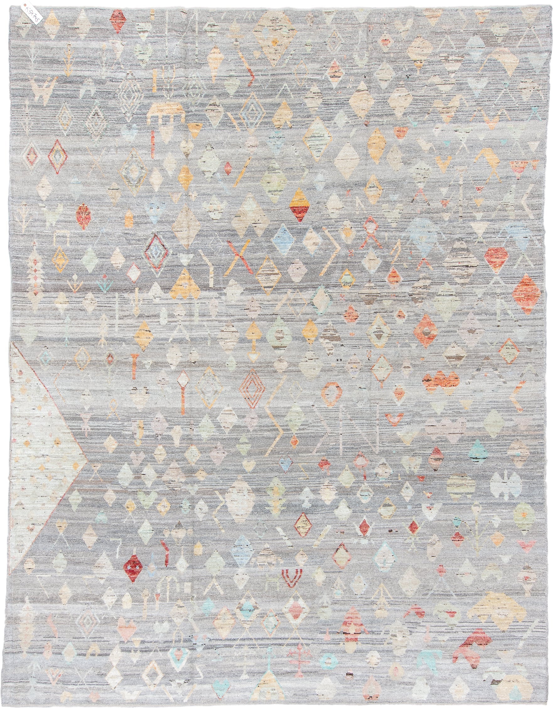10' x 13' one-of-a-kind handmade vintage Tulu large size rug. Color palette: gray, ivory, cream, pale blue, coral, saffron