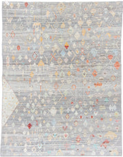 10' x 13' one-of-a-kind handmade vintage Tulu large size rug. Color palette: gray, ivory, cream, pale blue, coral, saffron
