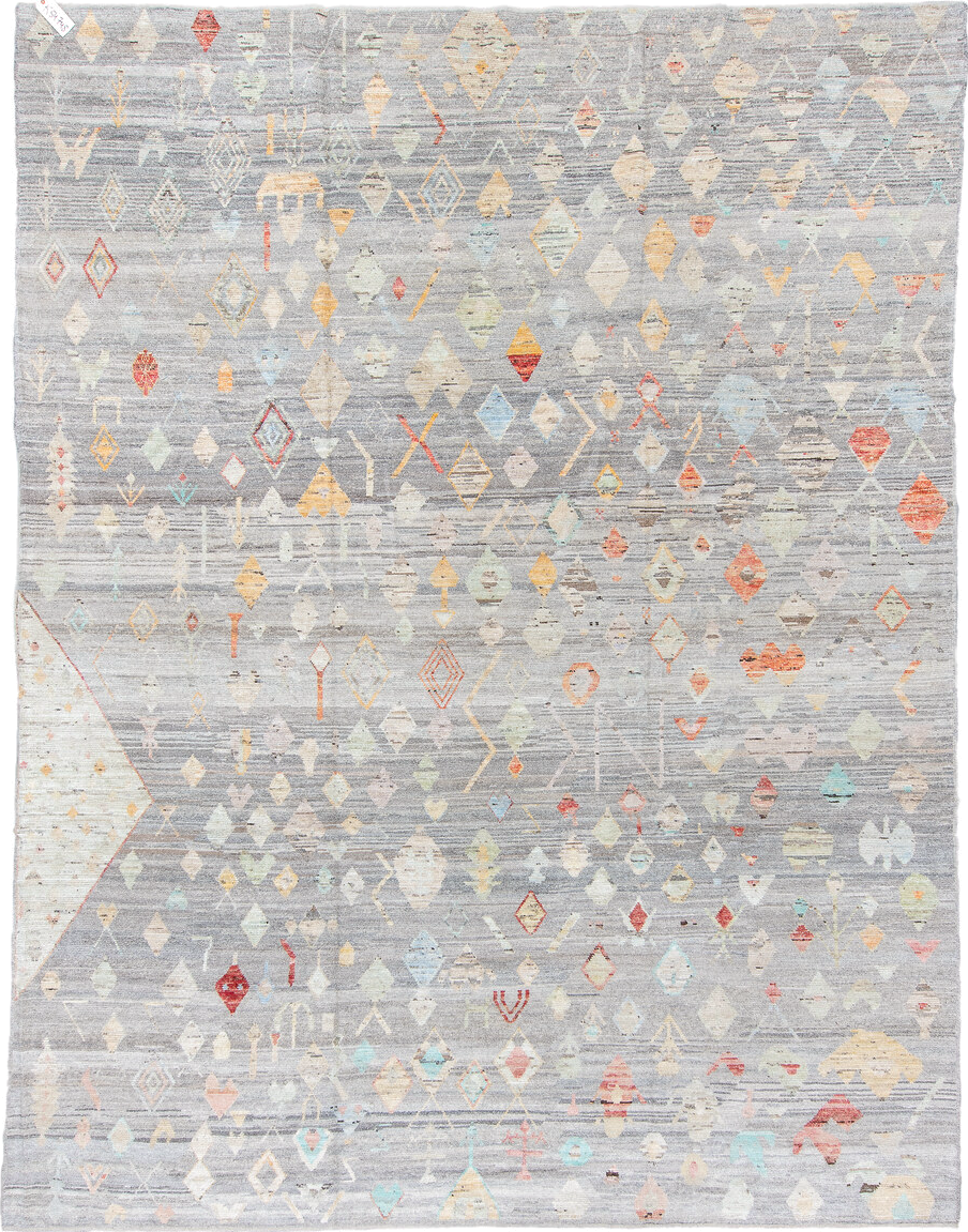 10' x 13' one-of-a-kind handmade vintage Tulu large size rug. Color palette: gray, ivory, cream, pale blue, coral, saffron