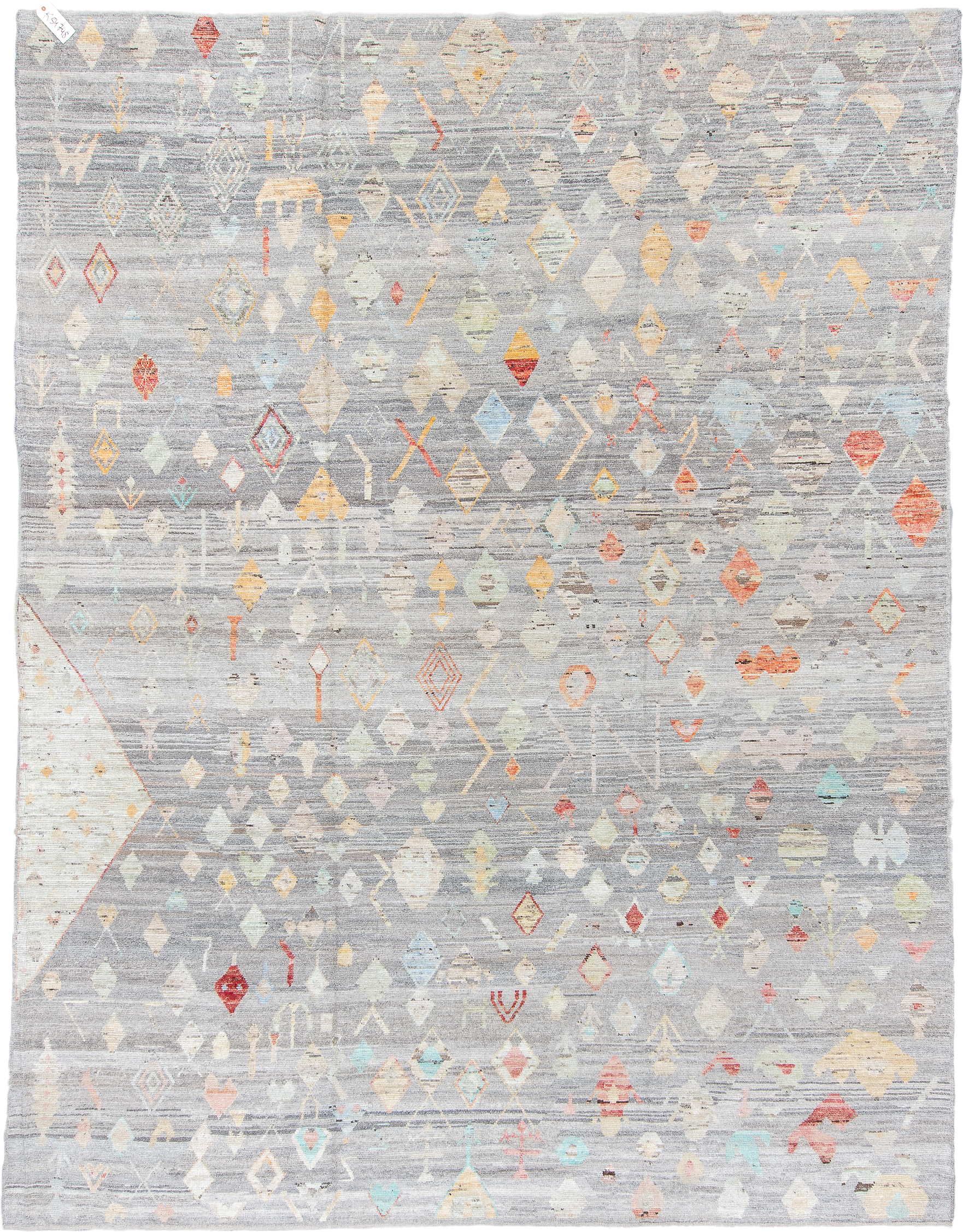 10' x 13' one-of-a-kind handmade vintage Tulu large size rug. Color palette: gray, ivory, cream, pale blue, coral, saffron