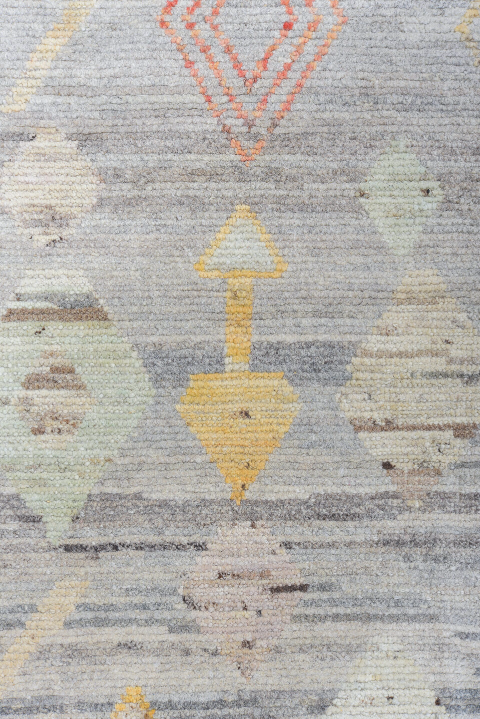 10' x 13' one-of-a-kind handmade vintage Tulu large size rug. Color palette: gray, ivory, cream, pale blue, coral, saffron