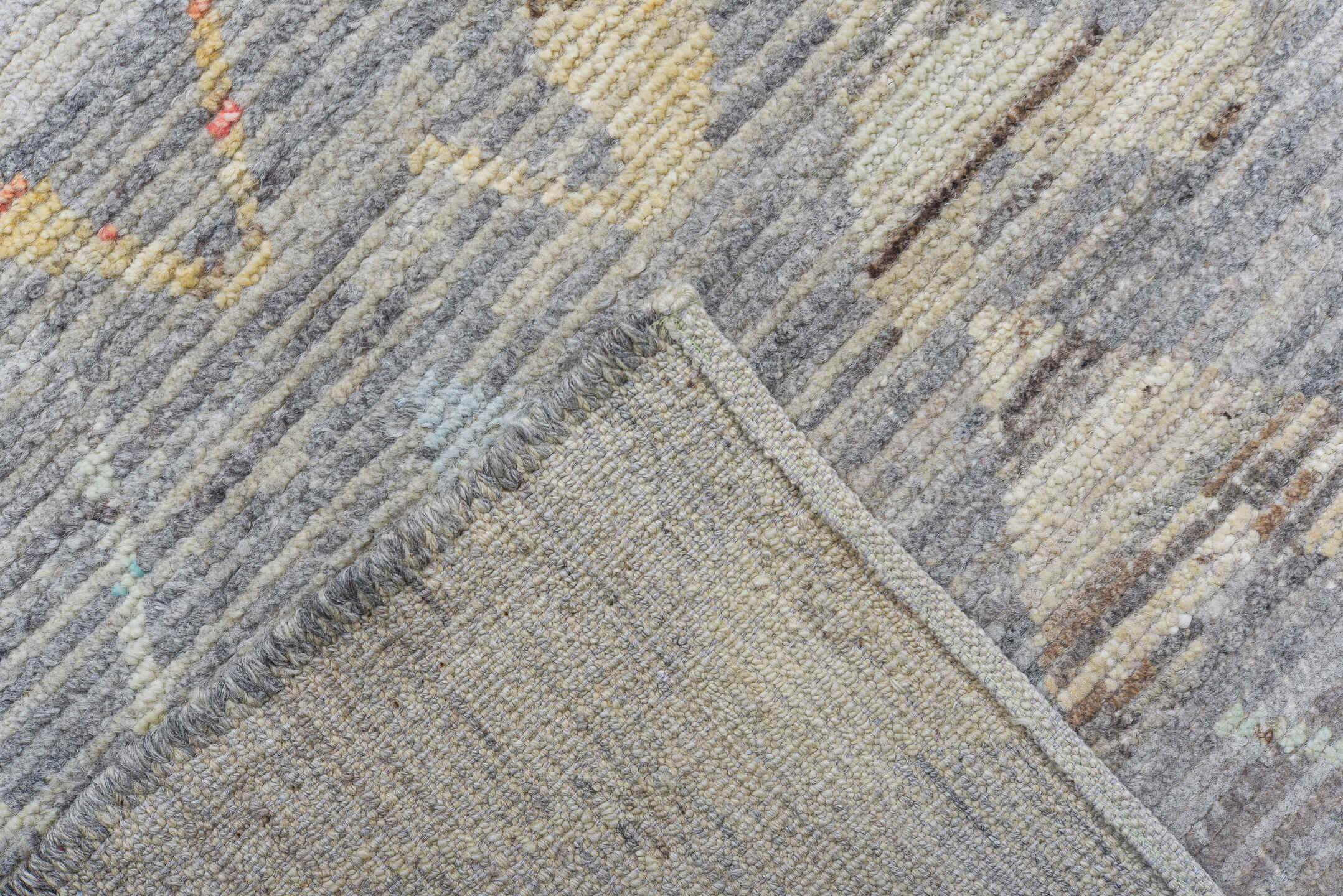 10' x 13' one-of-a-kind handmade vintage Tulu large size rug. Color palette: gray, ivory, cream, pale blue, coral, saffron