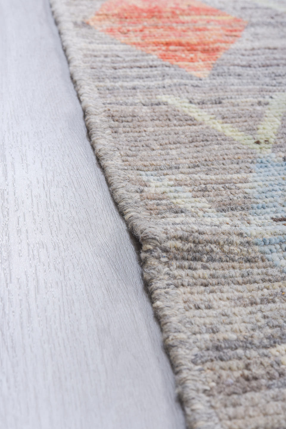 10' x 13' one-of-a-kind handmade vintage Tulu large size rug. Color palette: gray, ivory, cream, pale blue, coral, saffron