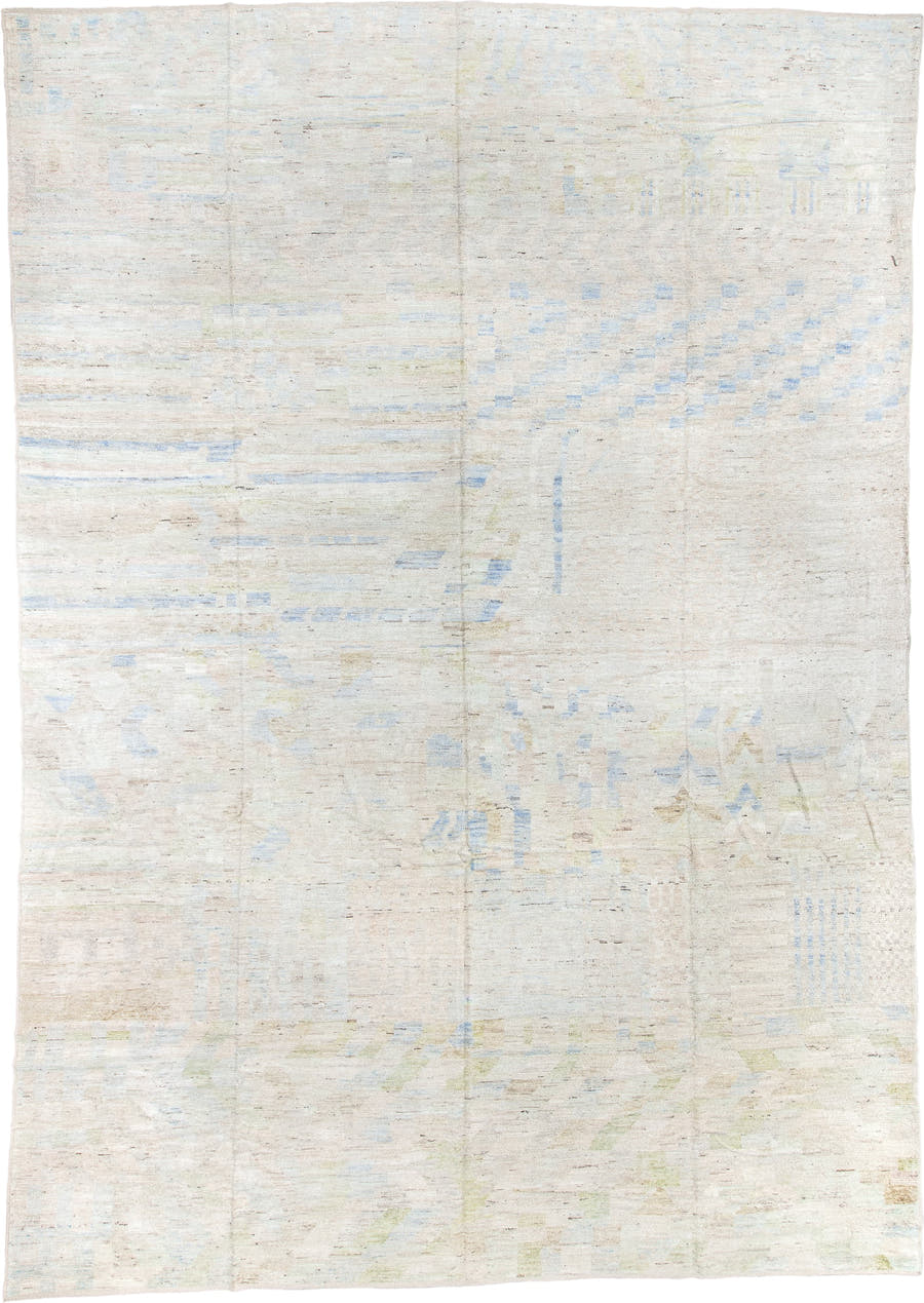 13' x 19' one-of-a-kind handmade vintage Tulu oversize rug. Color palette: ivory, pale blue, cream, celadon, taupe