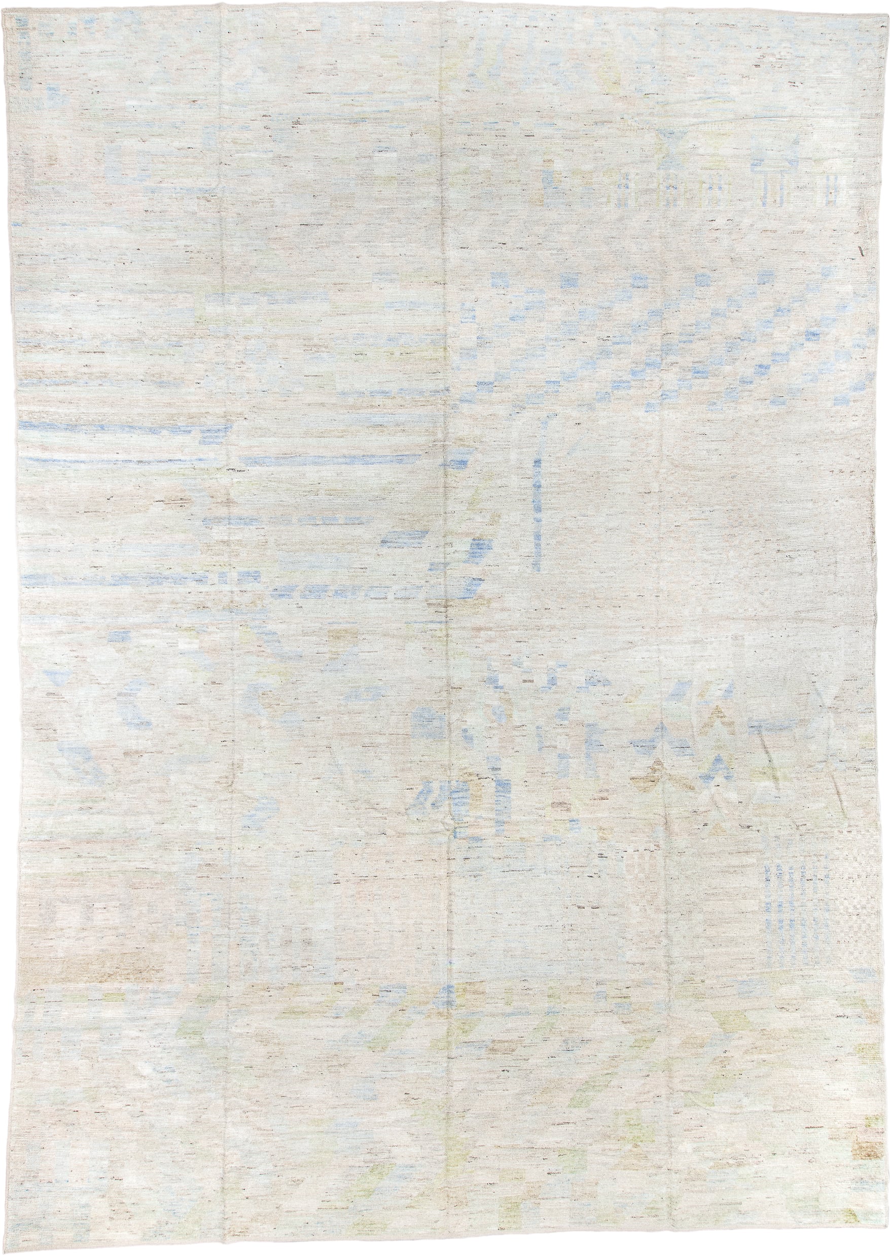 13' x 19' one-of-a-kind handmade vintage Tulu oversize rug. Color palette: ivory, pale blue, cream, celadon, taupe