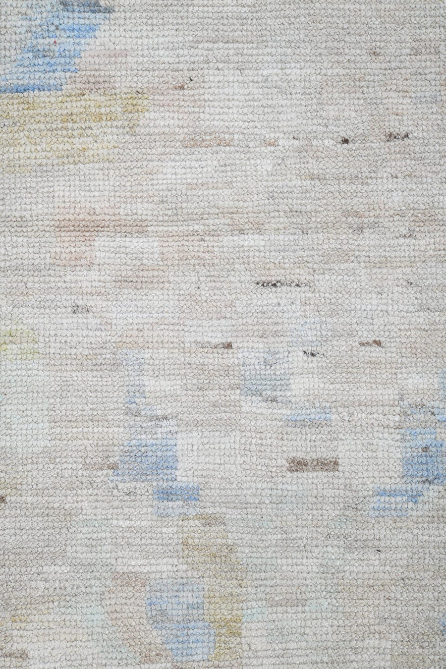 13' x 19' one-of-a-kind handmade vintage Tulu oversize rug. Color palette: ivory, pale blue, cream, celadon, taupe