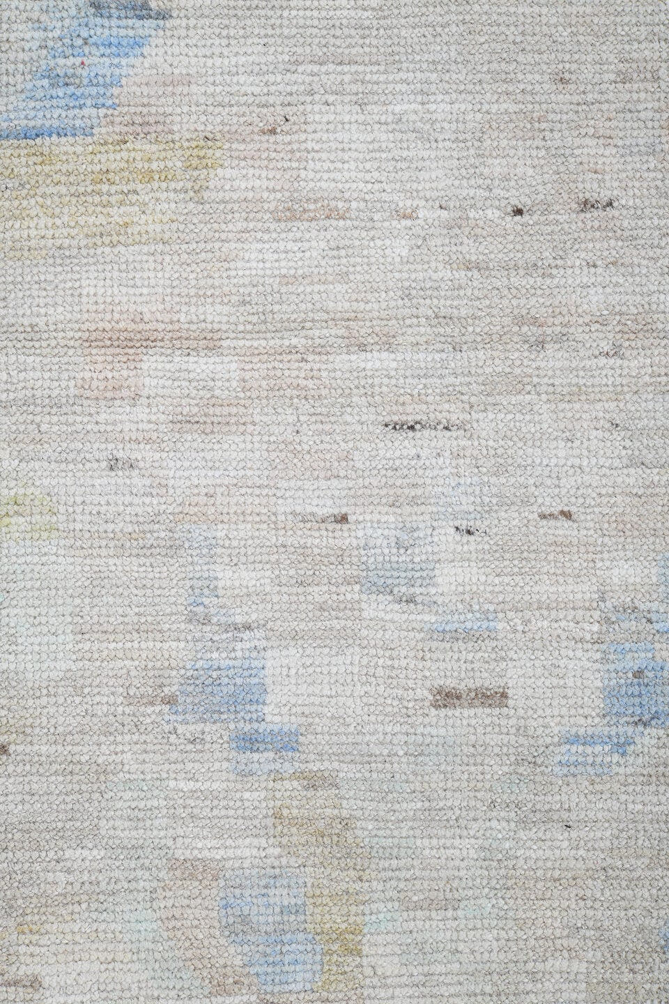 13' x 19' one-of-a-kind handmade vintage Tulu oversize rug. Color palette: ivory, pale blue, cream, celadon, taupe