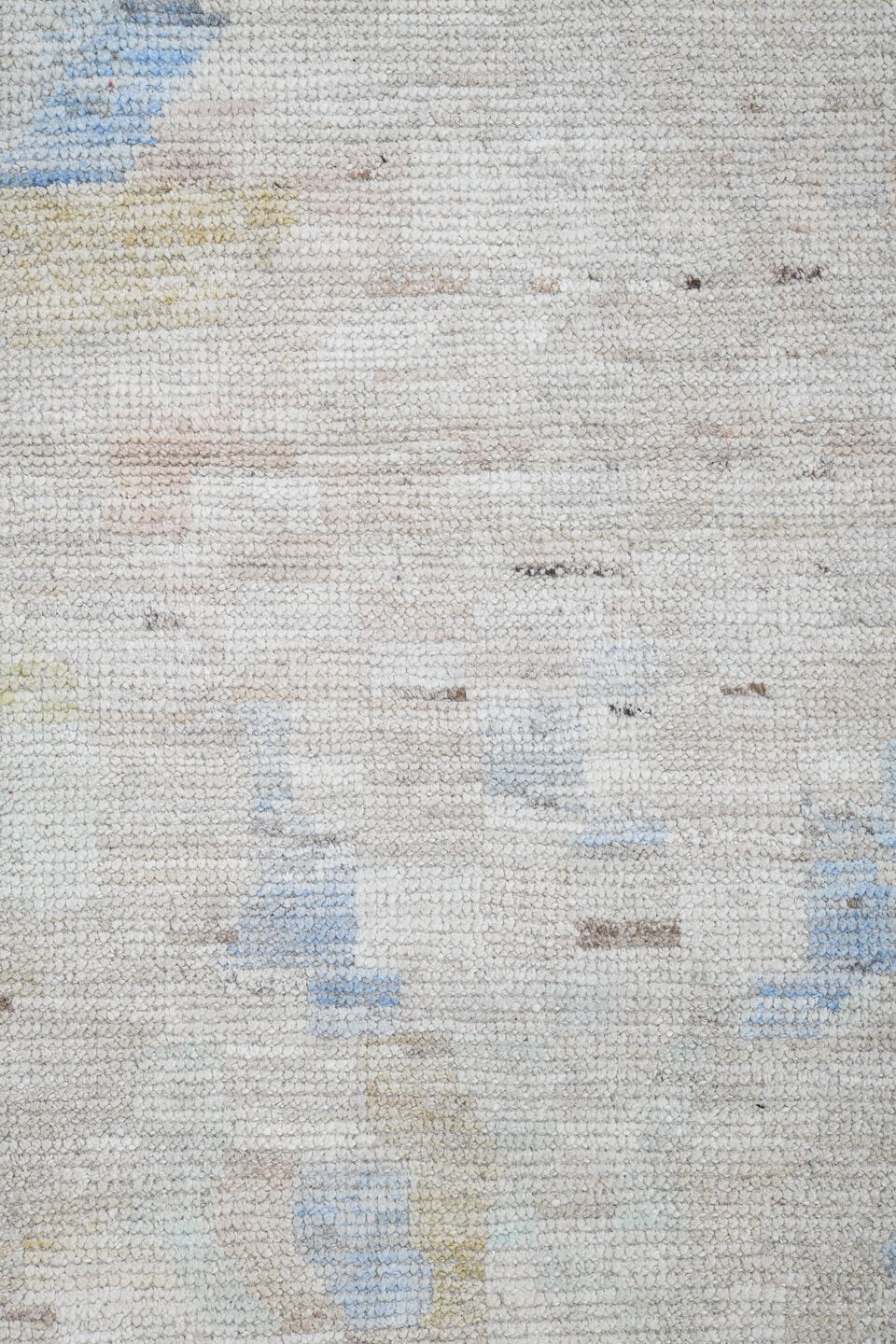 13' x 19' one-of-a-kind handmade vintage Tulu oversize rug. Color palette: ivory, pale blue, cream, celadon, taupe