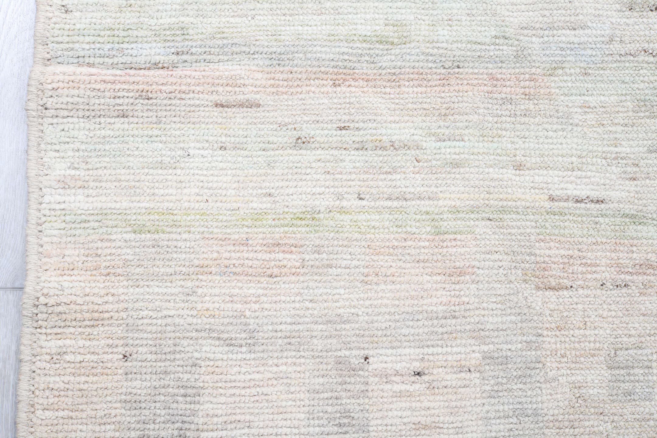 13' x 19' one-of-a-kind handmade vintage Tulu oversize rug. Color palette: ivory, pale blue, cream, celadon, taupe