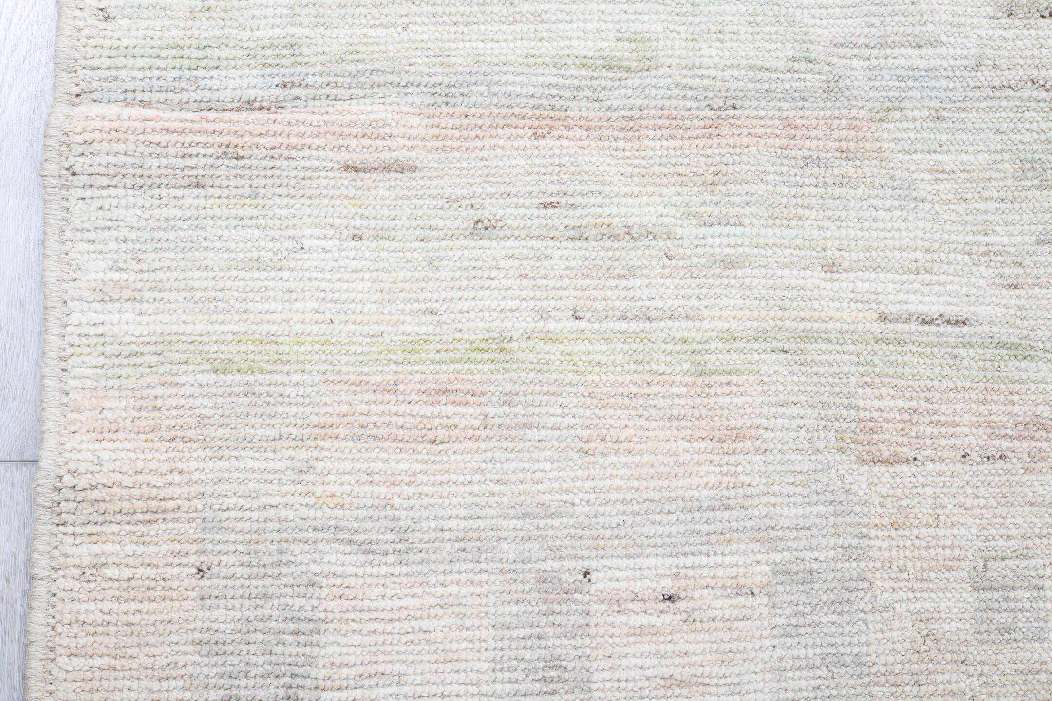 13' x 19' one-of-a-kind handmade vintage Tulu oversize rug. Color palette: ivory, pale blue, cream, celadon, taupe