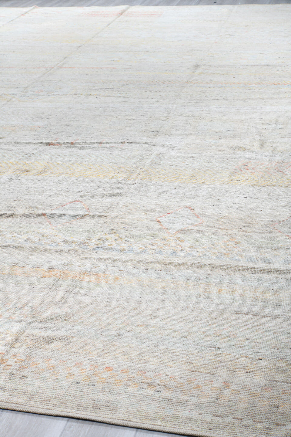 13' x 19' one-of-a-kind handmade vintage Tulu oversize rug. Color palette: ivory, cream, pale blue, blush, sand