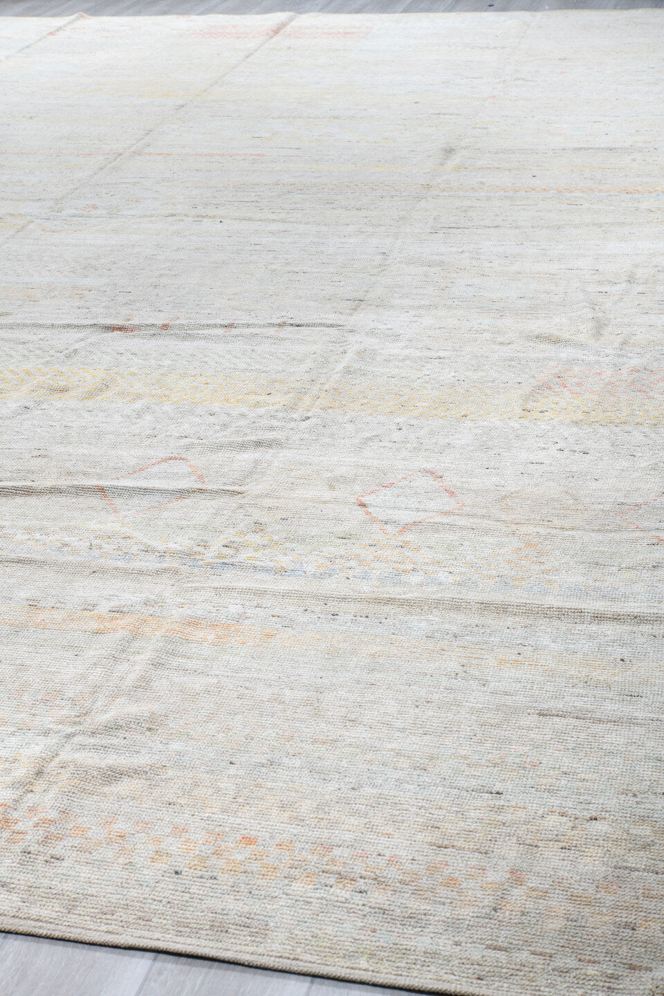 13' x 19' one-of-a-kind handmade vintage Tulu oversize rug. Color palette: ivory, cream, pale blue, blush, sand