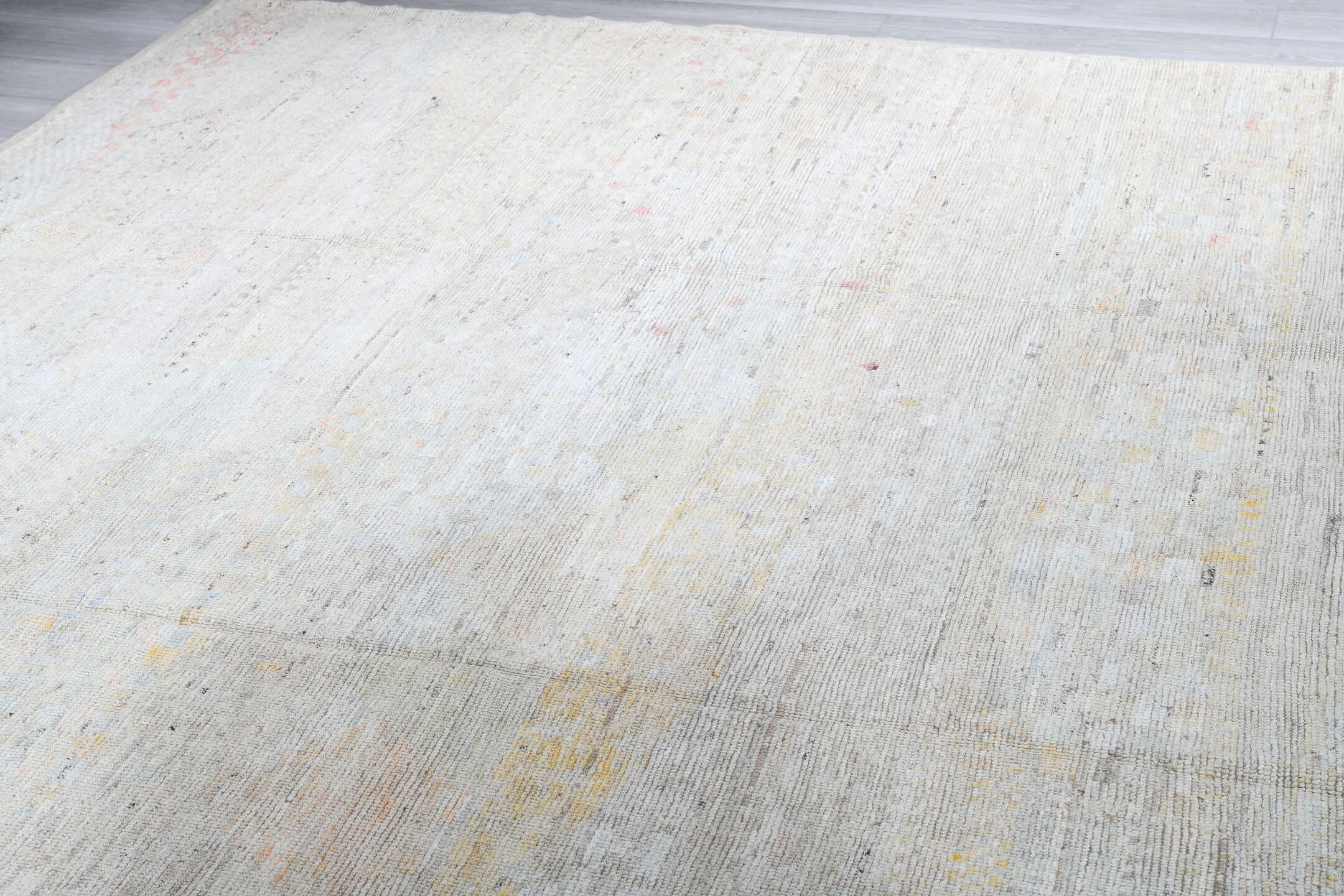 13' x 19' one-of-a-kind handmade vintage Tulu oversize rug. Color palette: ivory, cream, pale blue, blush, sand