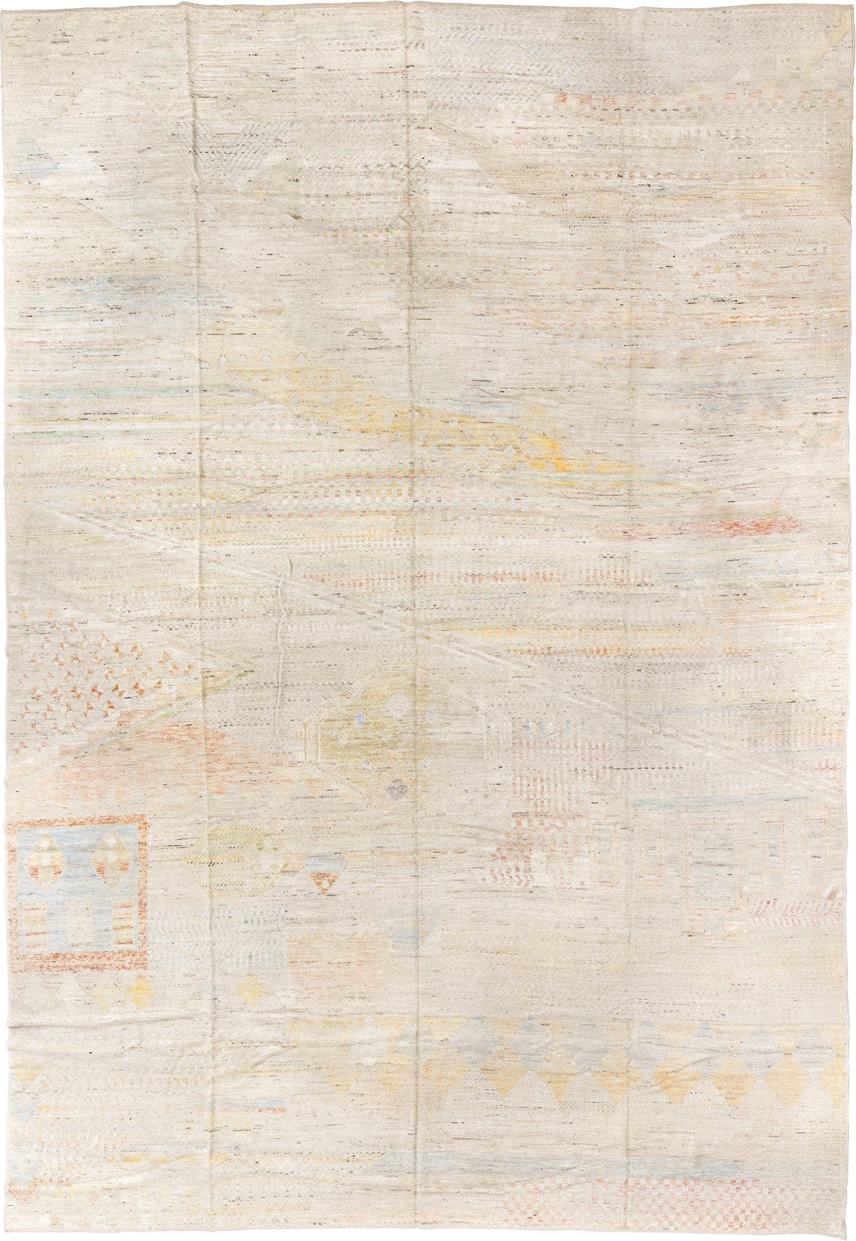 13' x 19' one-of-a-kind handmade vintage Tulu oversize rug. Color palette: ivory, cream, pale blue, blush, soft yellow