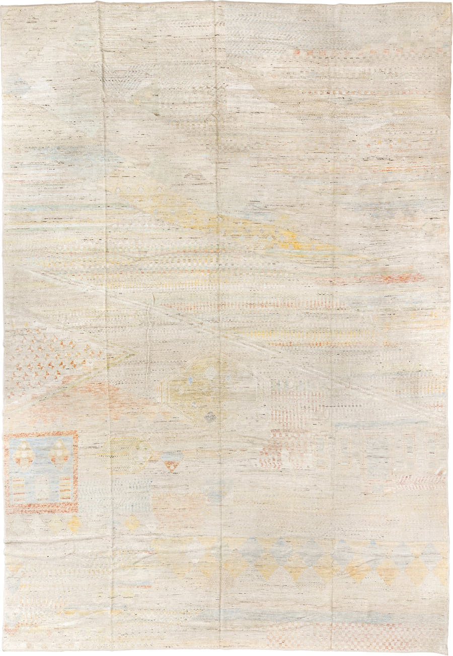 13' x 19' one-of-a-kind handmade vintage Tulu oversize rug. Color palette: ivory, cream, pale blue, blush, soft yellow