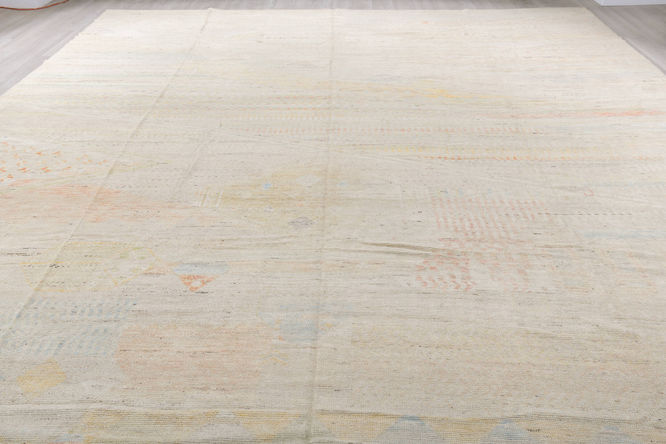 13' x 19' one-of-a-kind handmade vintage Tulu oversize rug. Color palette: brown, gainsboro, gray, light gray, off-white