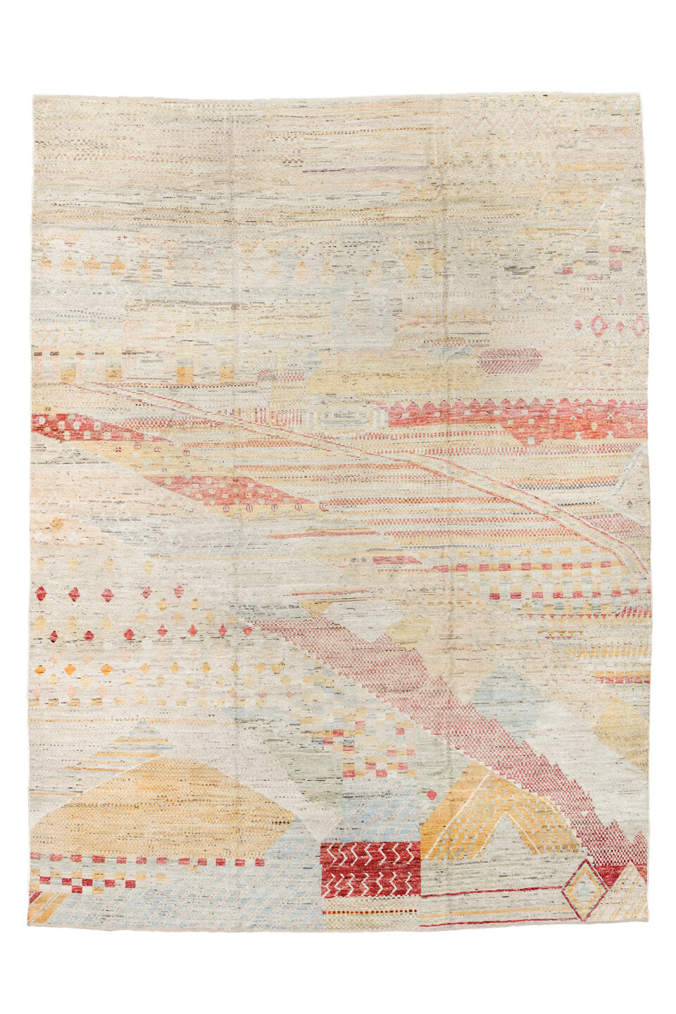 10' x 13' one-of-a-kind handmade vintage Tulu large size rug. Color palette: brown, gray, light gray, off-white, pink, red