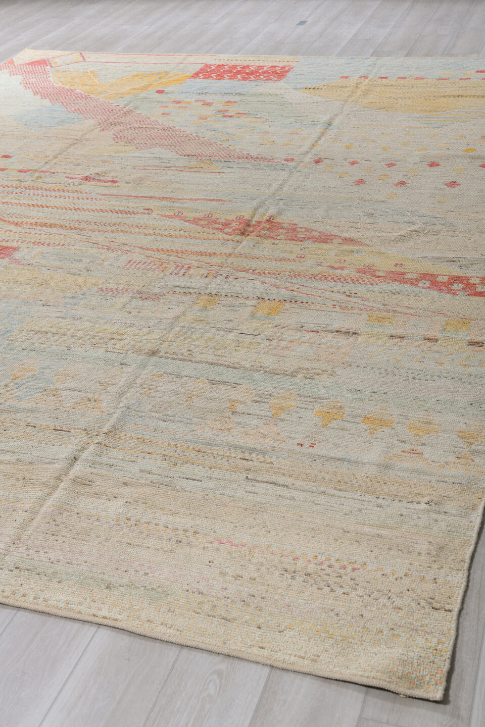 10' x 13' one-of-a-kind handmade vintage Tulu large size rug. Color palette: ivory, cream, pale blue, saffron, coral, sand