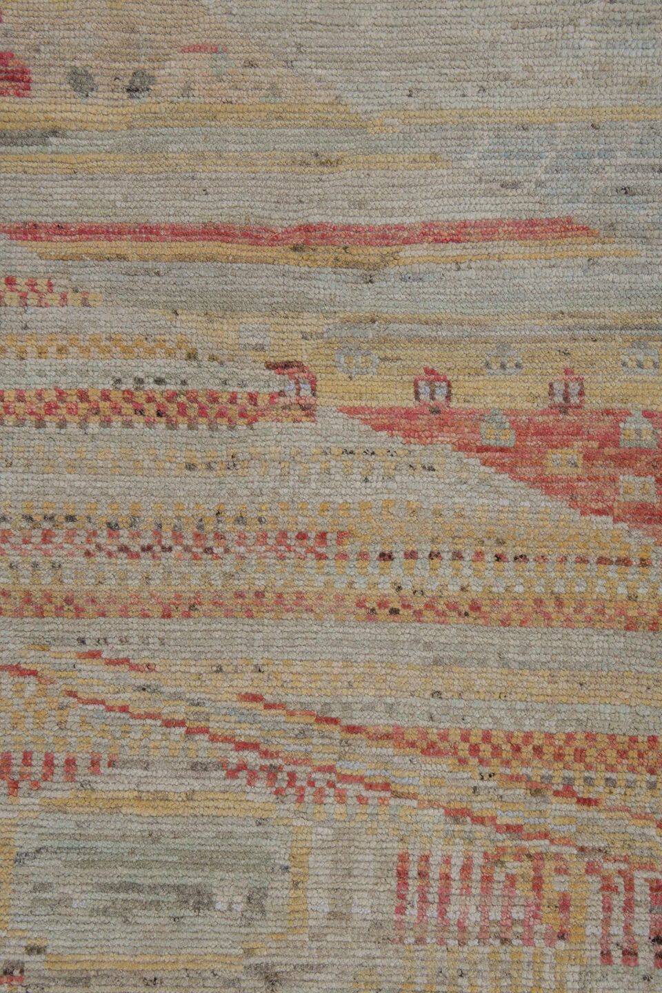 10' x 13' one-of-a-kind handmade vintage Tulu large size rug. Color palette: ivory, cream, pale blue, saffron, coral, sand