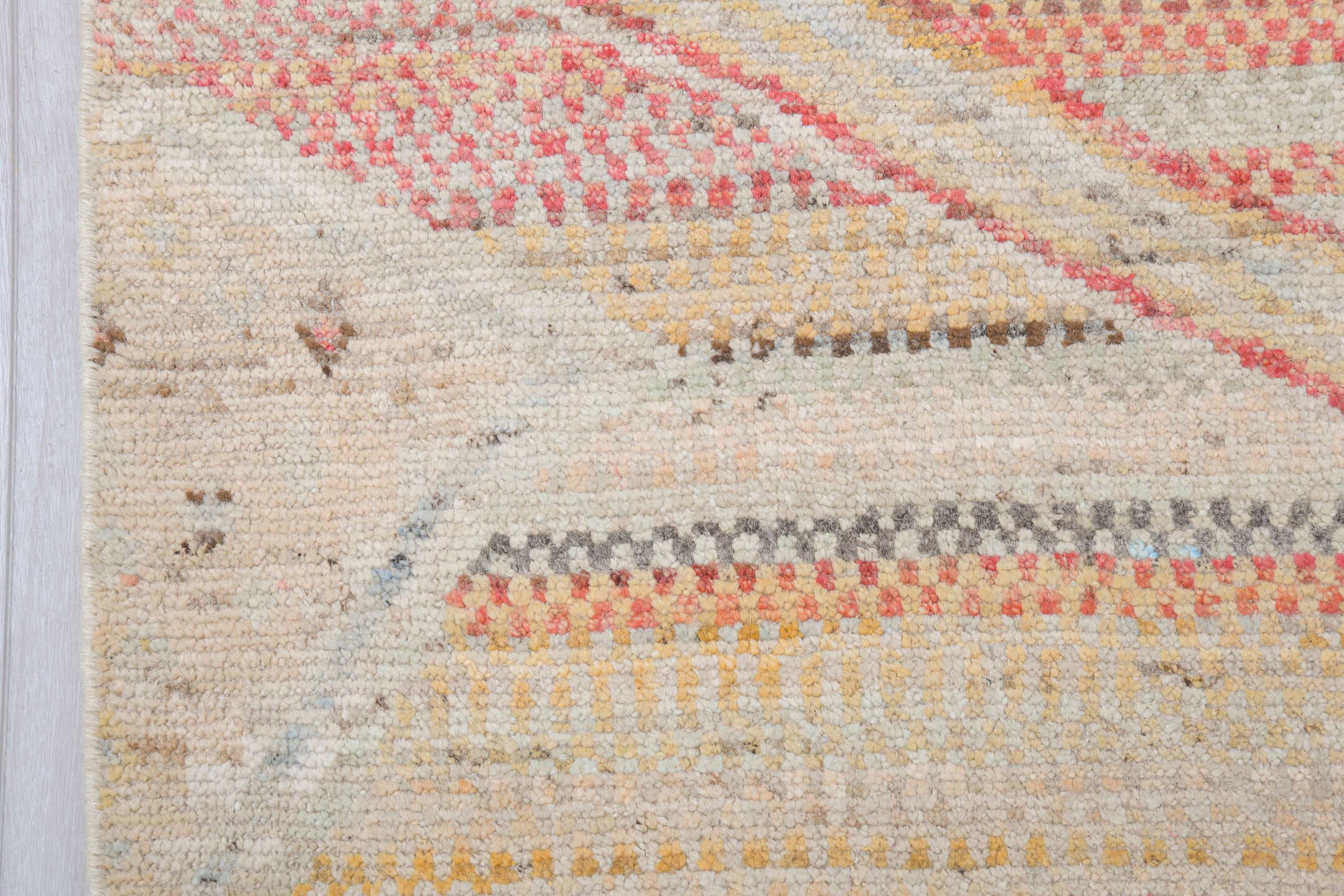 10' x 13' one-of-a-kind handmade vintage Tulu large size rug. Color palette: ivory, cream, pale blue, saffron, coral, sand