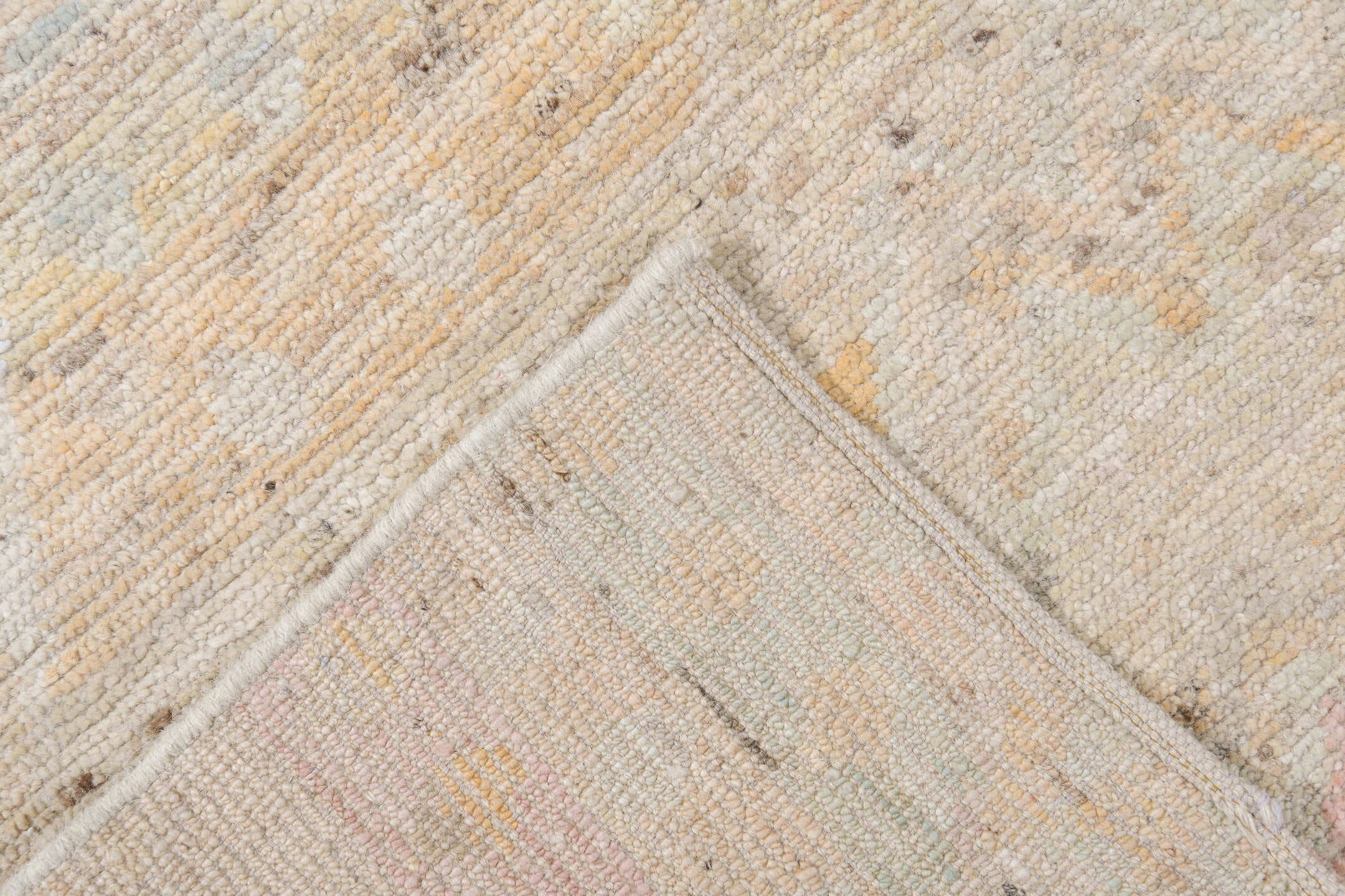 10' x 13' one-of-a-kind handmade vintage Tulu large size rug. Color palette: ivory, cream, pale blue, saffron, coral, sand