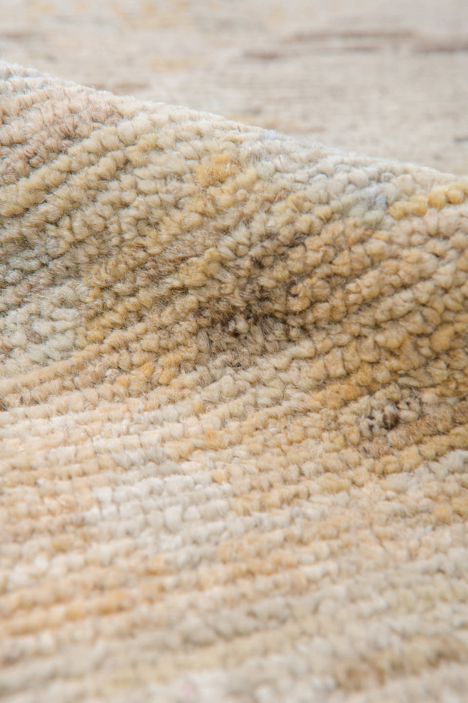 10' x 13' one-of-a-kind handmade vintage Tulu large size rug. Color palette: ivory, cream, pale blue, saffron, coral, sand