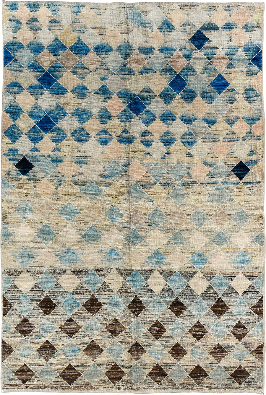 6' x 9' one-of-a-kind handmade vintage Tulu medium size rug. Color palette: ivory, sky_blue, taupe, indigo, brown, beige