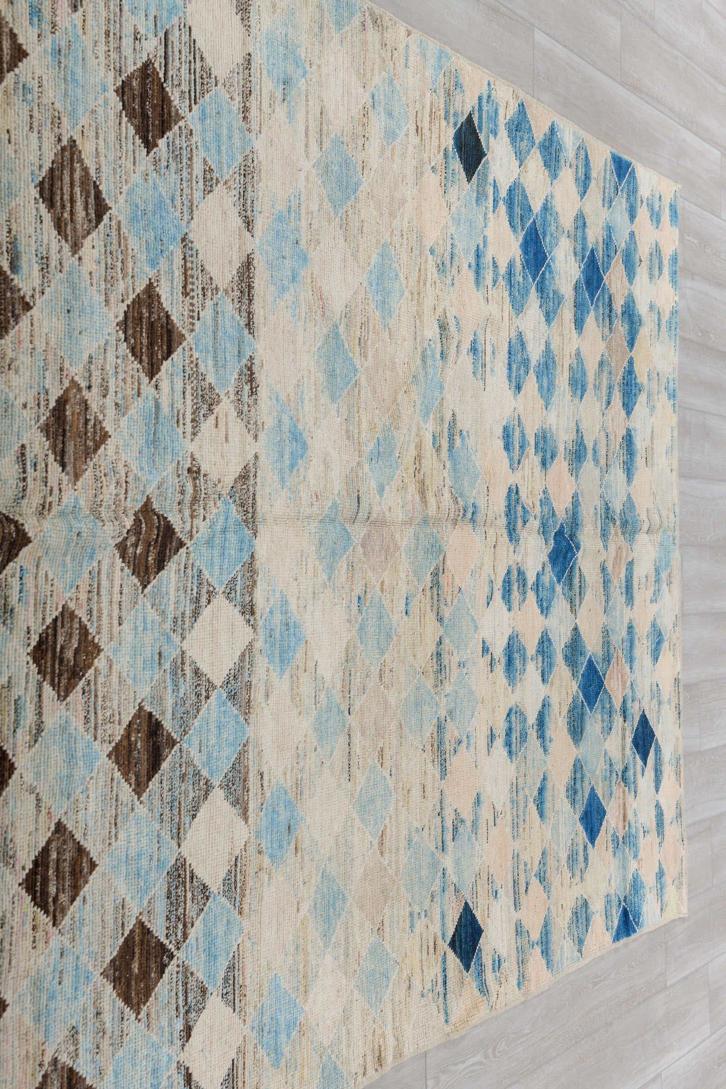 6' x 9' one-of-a-kind handmade vintage Tulu medium size rug. Color palette: ivory, sky_blue, taupe, indigo, brown, beige