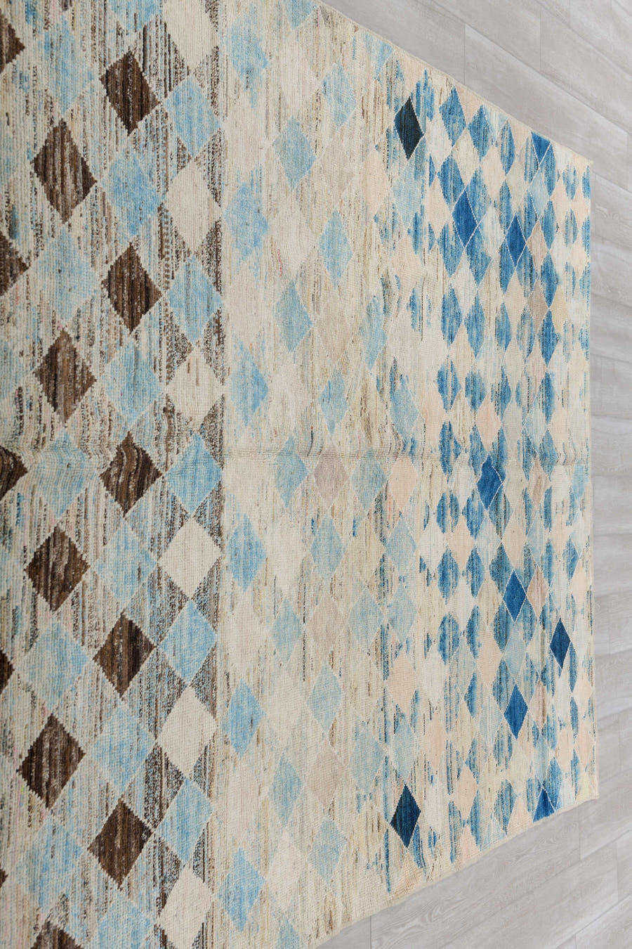 6' x 9' one-of-a-kind handmade vintage Tulu medium size rug. Color palette: ivory, sky_blue, taupe, indigo, brown, beige