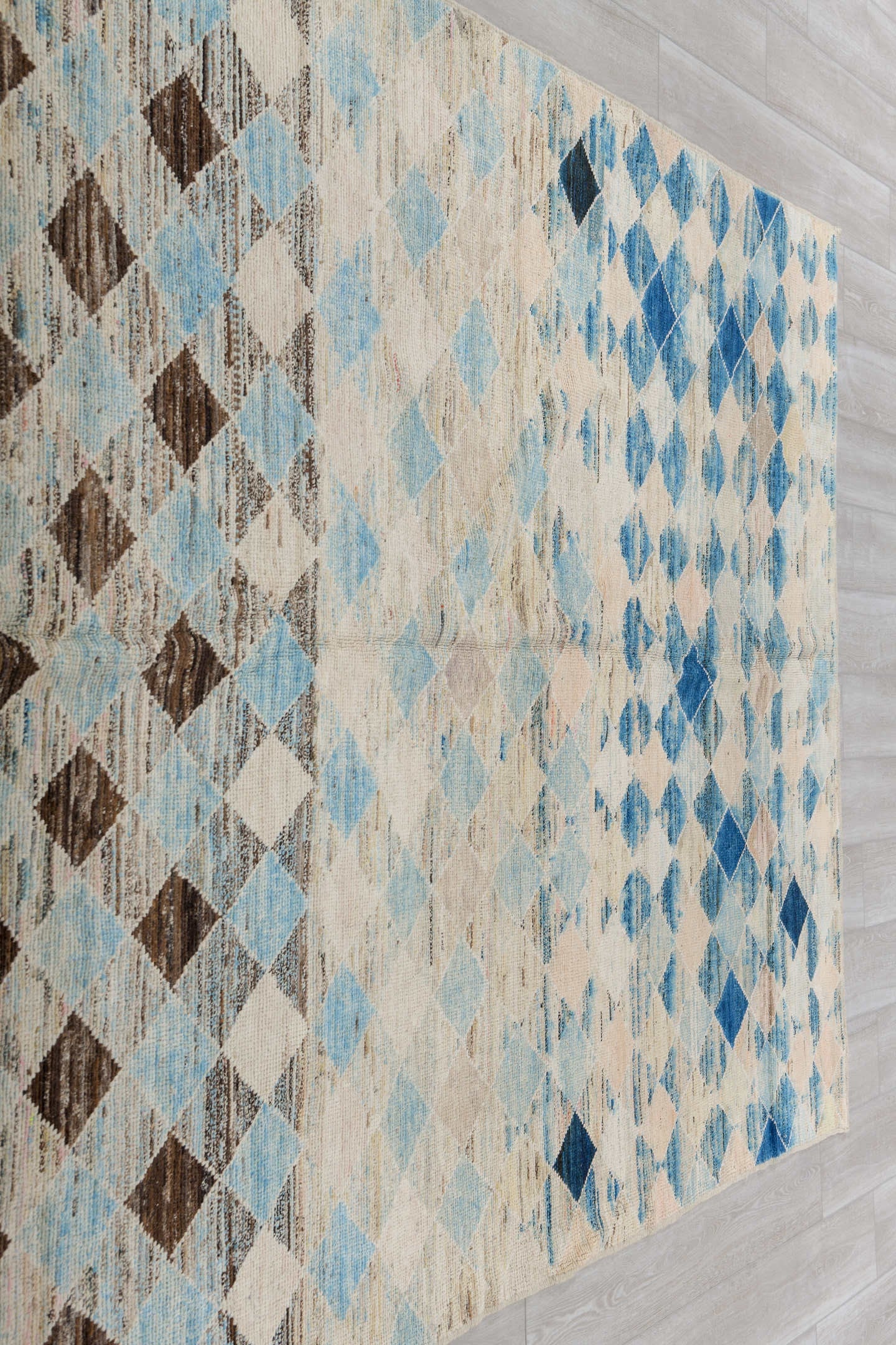 6' x 9' one-of-a-kind handmade vintage Tulu medium size rug. Color palette: ivory, sky_blue, taupe, indigo, brown, beige