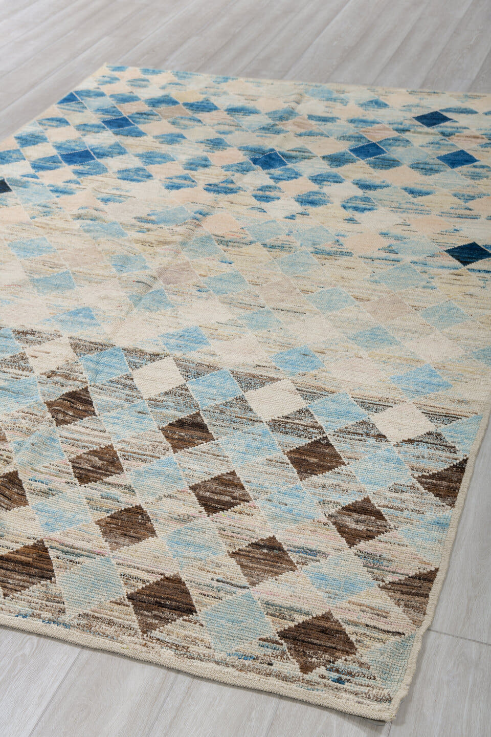 6' x 9' one-of-a-kind handmade vintage Tulu medium size rug. Color palette: ivory, sky_blue, taupe, indigo, brown, beige