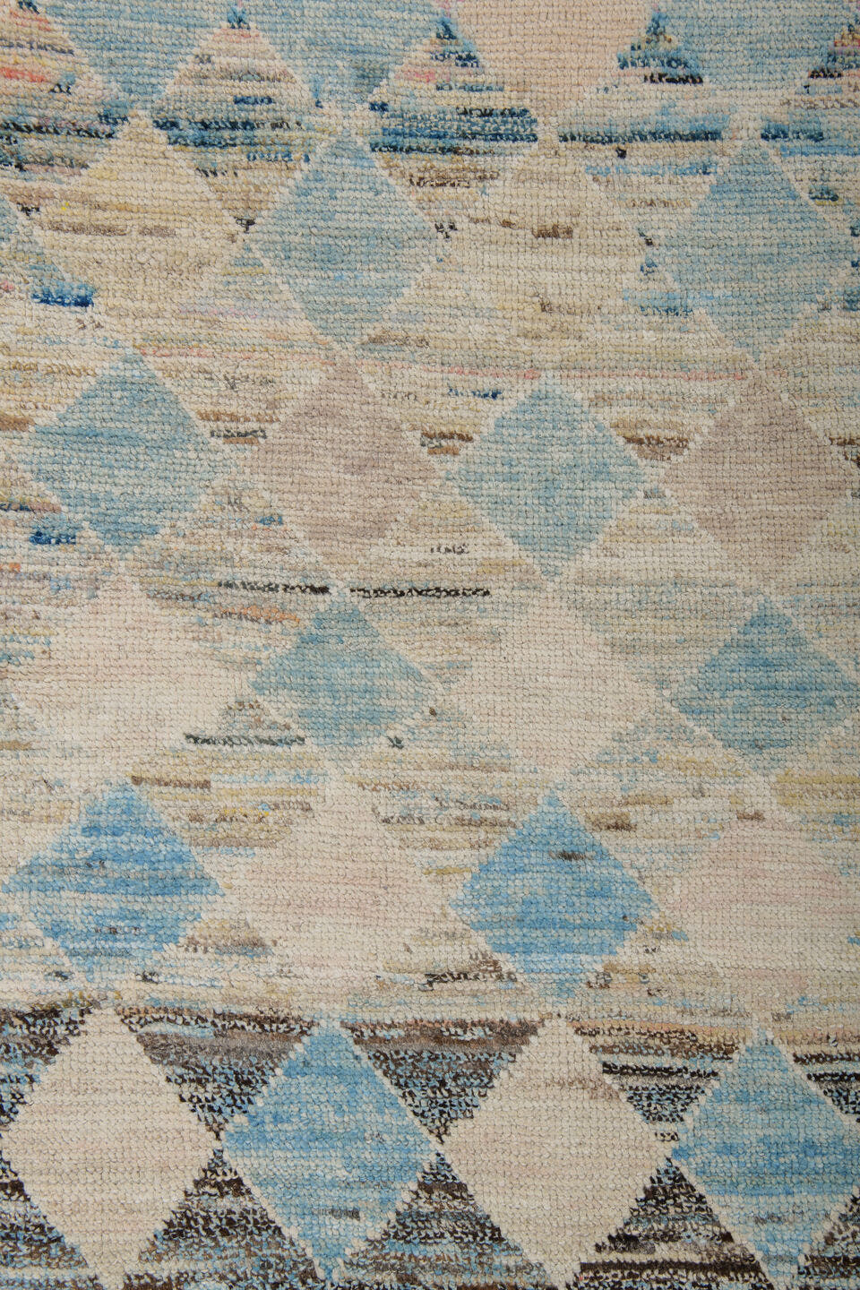 6' x 9' one-of-a-kind handmade vintage Tulu medium size rug. Color palette: ivory, sky_blue, taupe, indigo, brown, beige