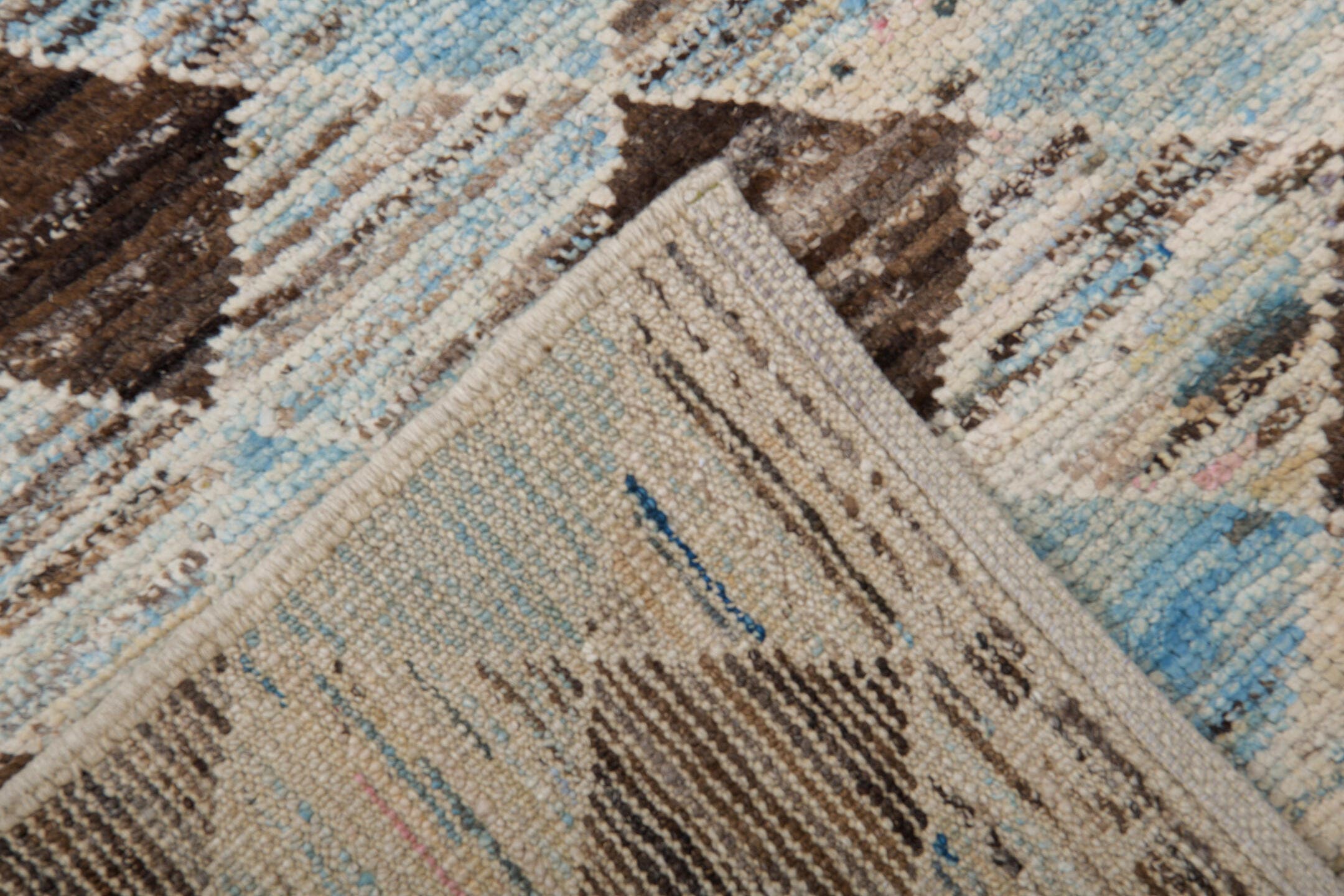 6' x 9' one-of-a-kind handmade vintage Tulu medium size rug. Color palette: ivory, sky_blue, taupe, indigo, brown, beige