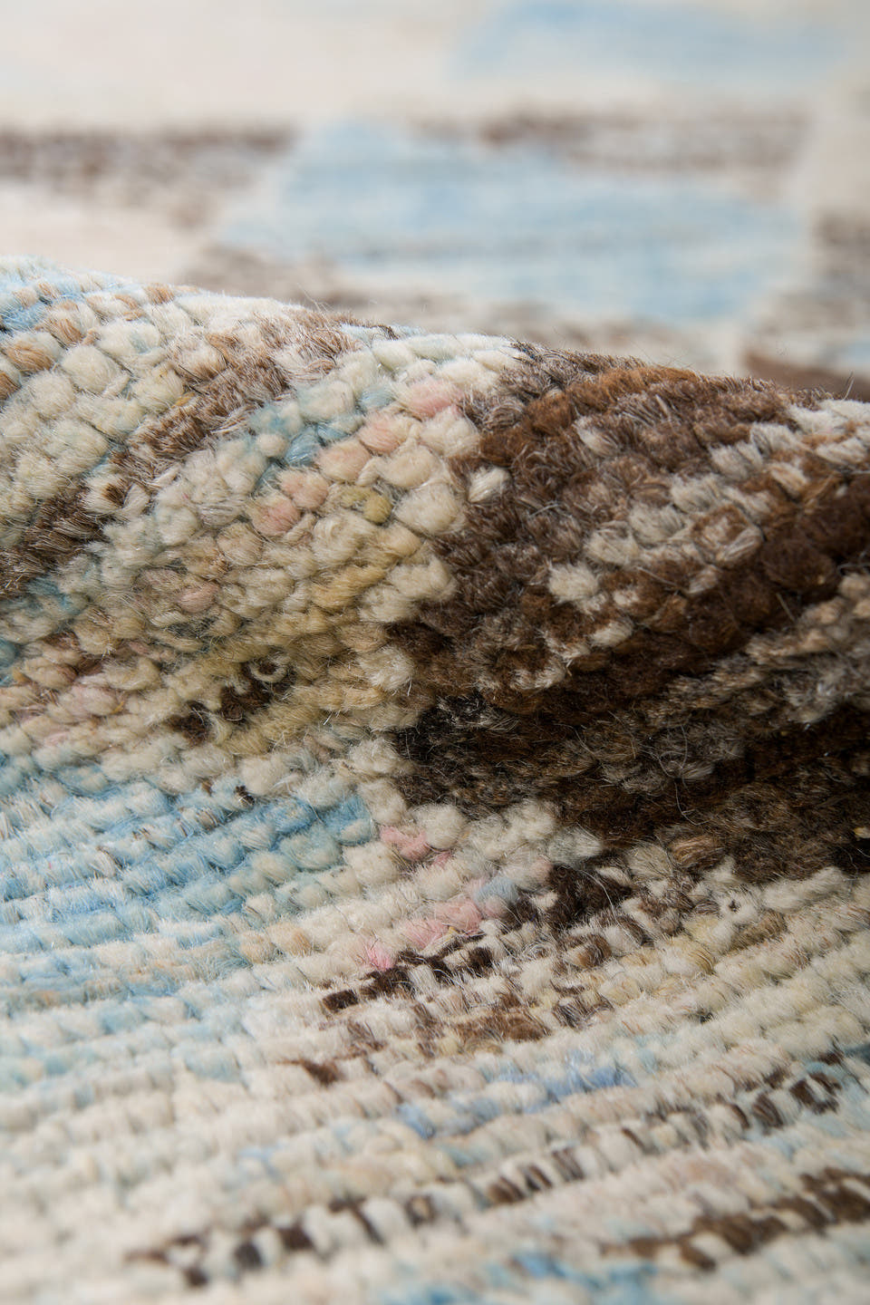 6' x 9' one-of-a-kind handmade vintage Tulu medium size rug. Color palette: ivory, sky_blue, taupe, indigo, brown, beige