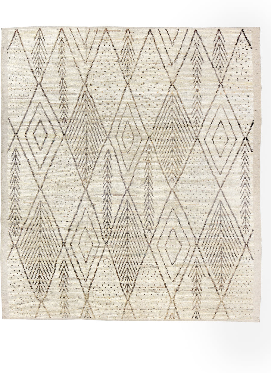 8' x 9' one-of-a-kind handmade vintage Tulu rug. Color palette: ivory, taupe, brown, cream, charcoal, beige, gray, black