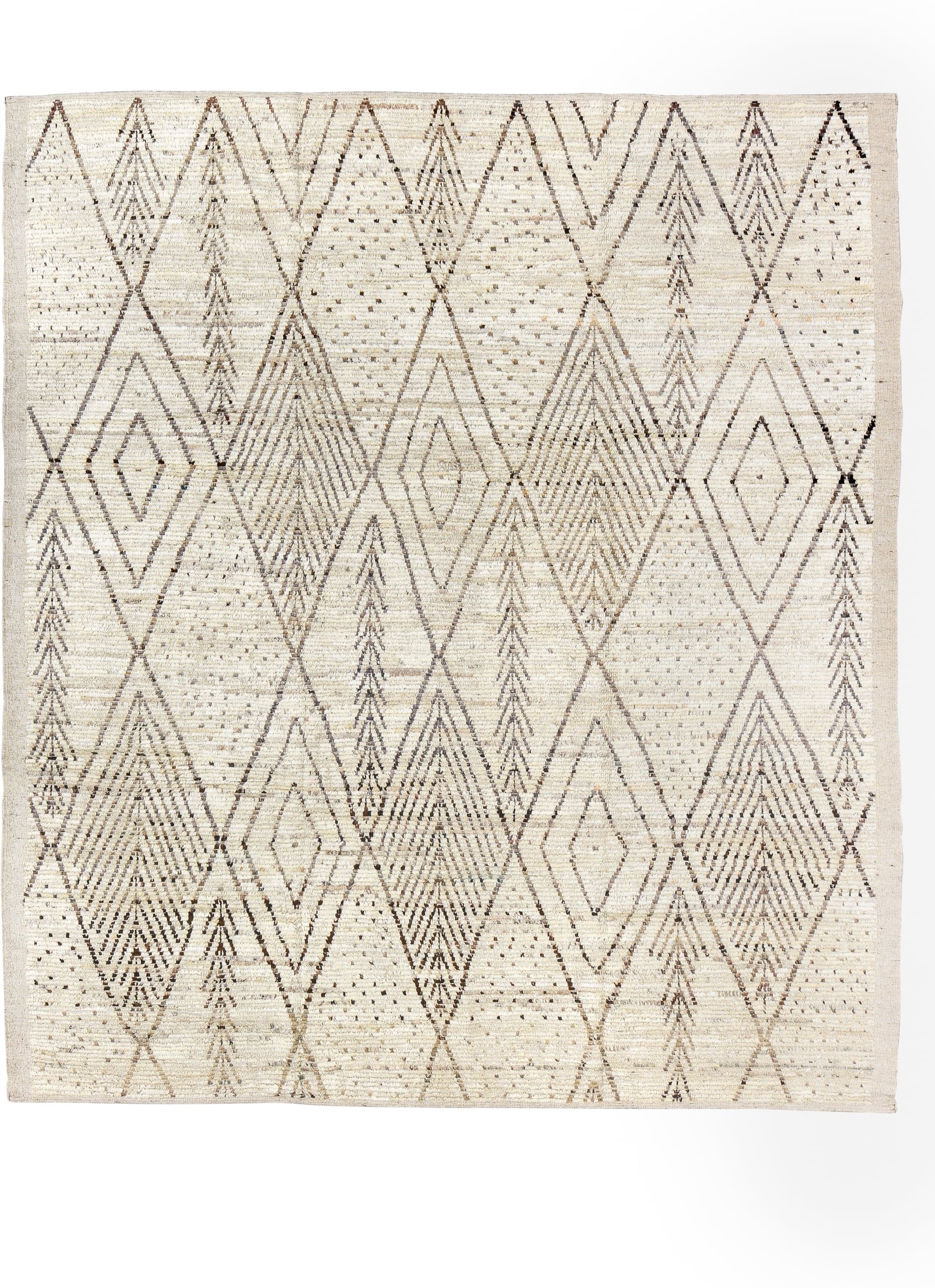 8' x 9' one-of-a-kind handmade vintage Tulu rug. Color palette: ivory, taupe, brown, cream, charcoal, beige, gray, black