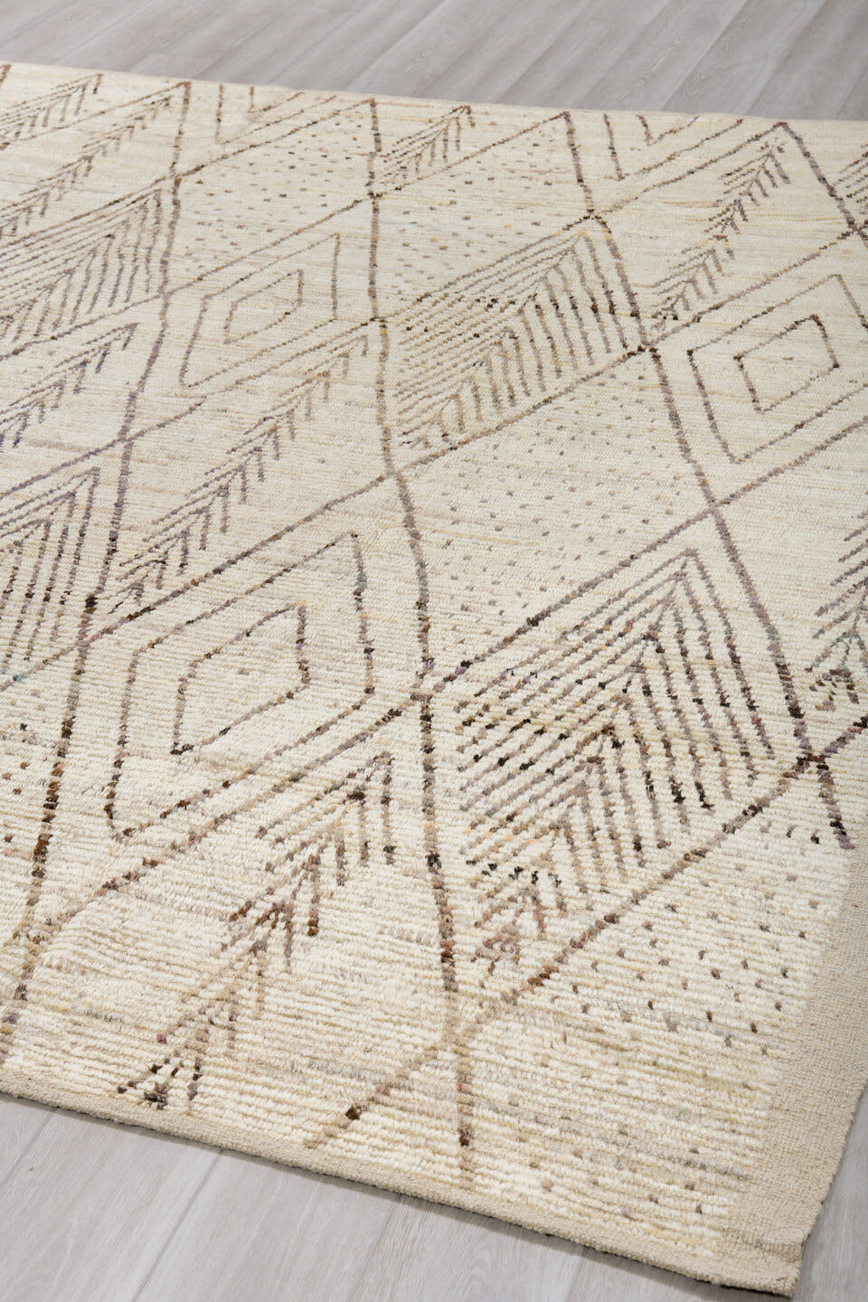 8' x 9' one-of-a-kind handmade vintage Tulu rug. Color palette: ivory, taupe, brown, cream, charcoal, beige, gray, black