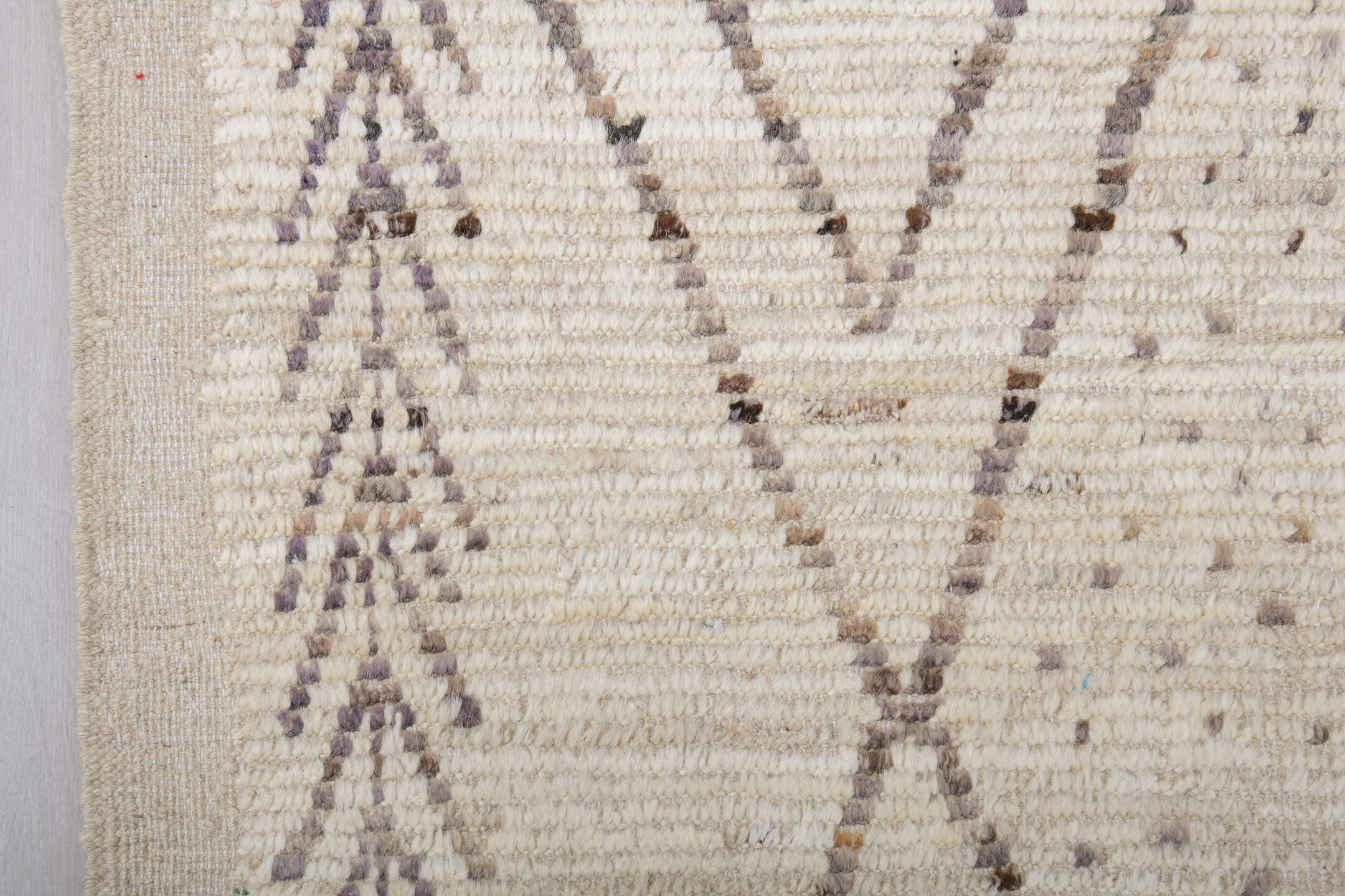 8' x 9' one-of-a-kind handmade vintage Tulu rug. Color palette: ivory, taupe, brown, cream, charcoal, beige, gray, black