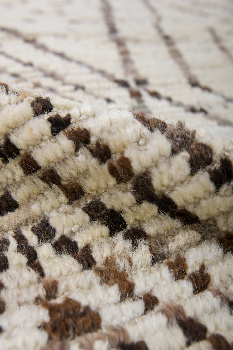 8' x 9' one-of-a-kind handmade vintage Tulu rug. Color palette: ivory, taupe, brown, cream, charcoal, beige, gray, black