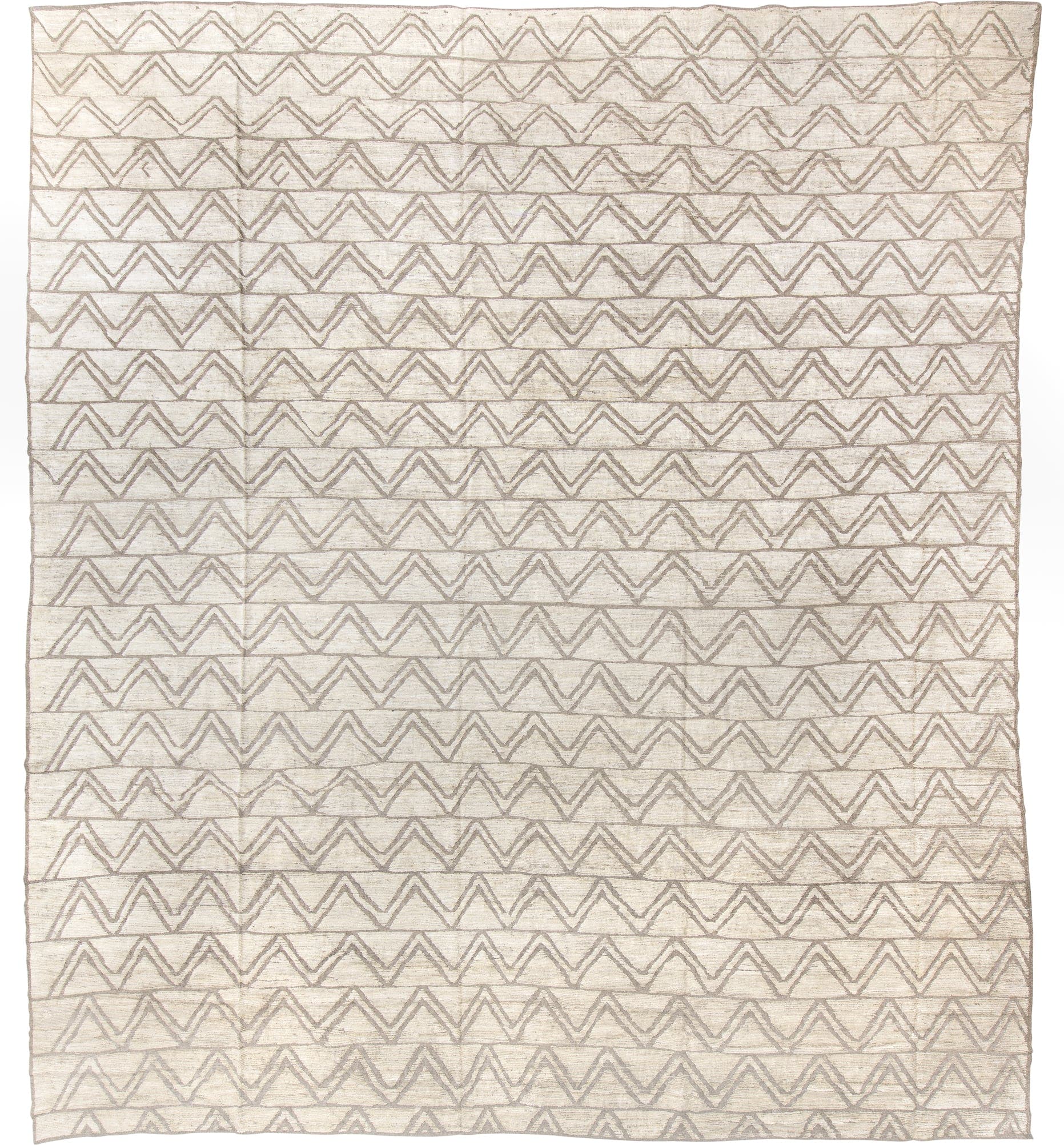 14' x 15' one-of-a-kind handmade vintage Tulu oversize rug. Color palette: ivory, taupe, beige, stone, gray