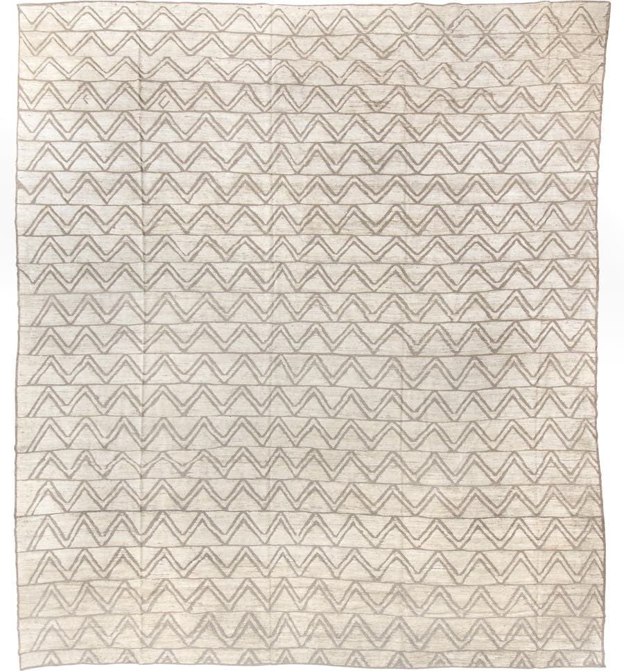 14' x 15' one-of-a-kind handmade vintage Tulu oversize rug. Color palette: ivory, taupe, beige, stone, gray