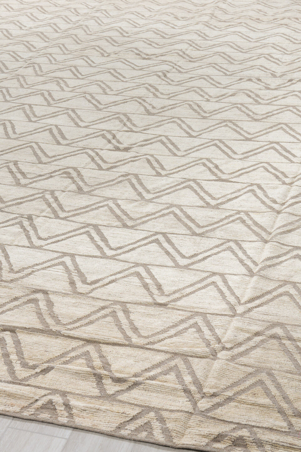 14' x 15' one-of-a-kind handmade vintage Tulu oversize rug. Color palette: ivory, taupe, beige, stone, gray