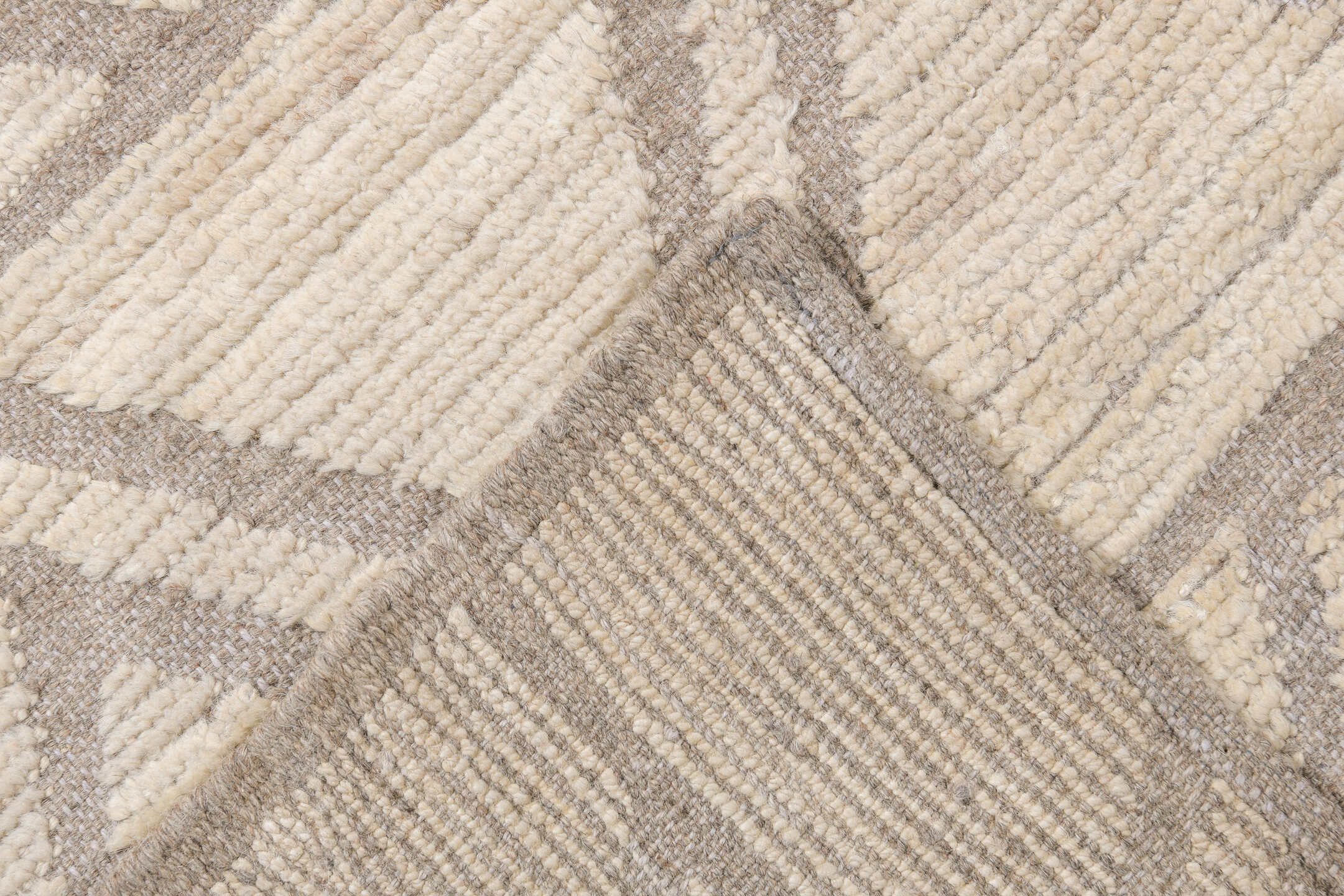 14' x 15' one-of-a-kind handmade vintage Tulu oversize rug. Color palette: ivory, taupe, beige, stone, gray