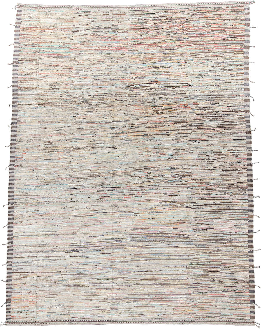 10' x 13' one-of-a-kind handmade vintage Tulu large size rug. Color palette: ivory, taupe, charcoal, cream, pale blue, coral