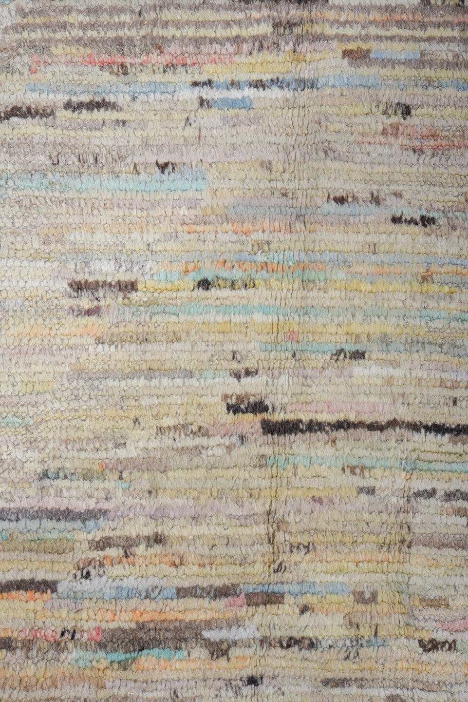 10' x 13' one-of-a-kind handmade vintage Tulu large size rug. Color palette: ivory, taupe, charcoal, cream, pale blue, coral