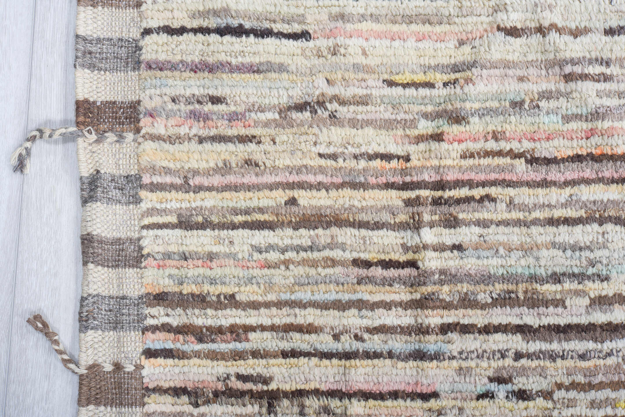 10' x 13' one-of-a-kind handmade vintage Tulu large size rug. Color palette: ivory, taupe, charcoal, cream, pale blue, coral
