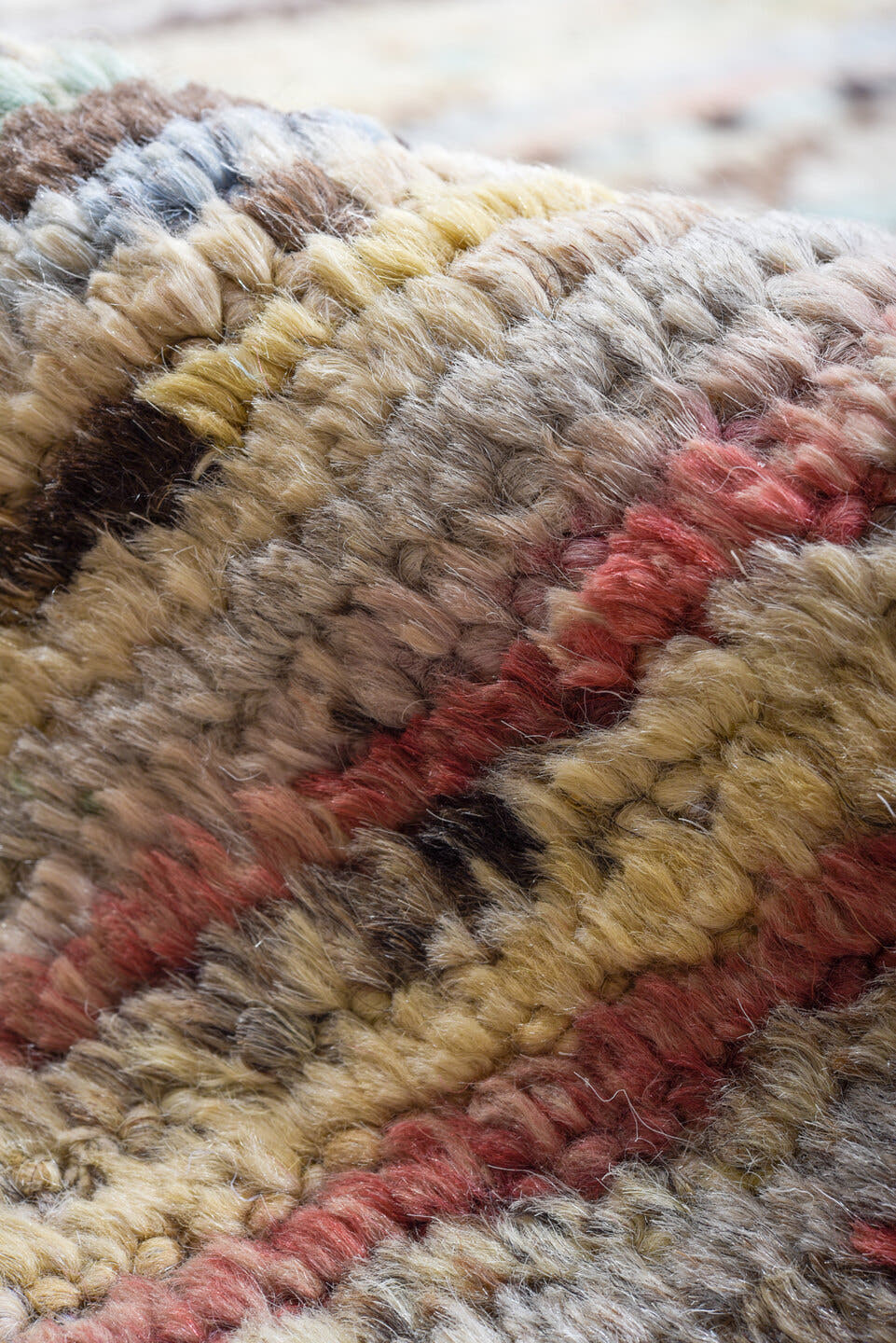 10' x 13' one-of-a-kind handmade vintage Tulu large size rug. Color palette: ivory, taupe, charcoal, cream, pale blue, coral