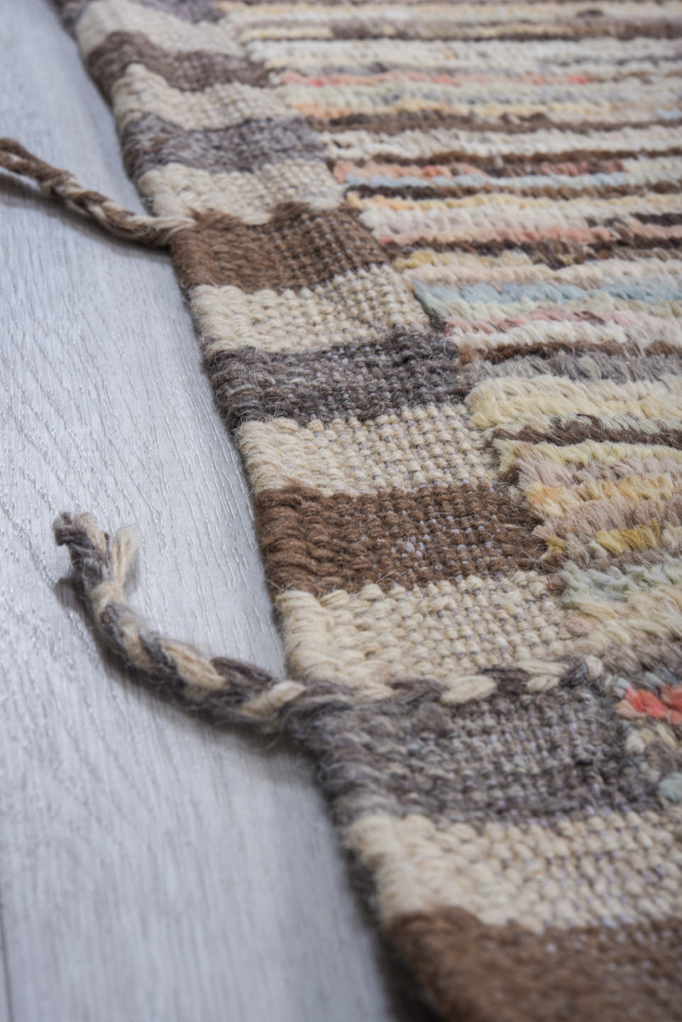 10' x 13' one-of-a-kind handmade vintage Tulu large size rug. Color palette: ivory, taupe, charcoal, cream, pale blue, coral