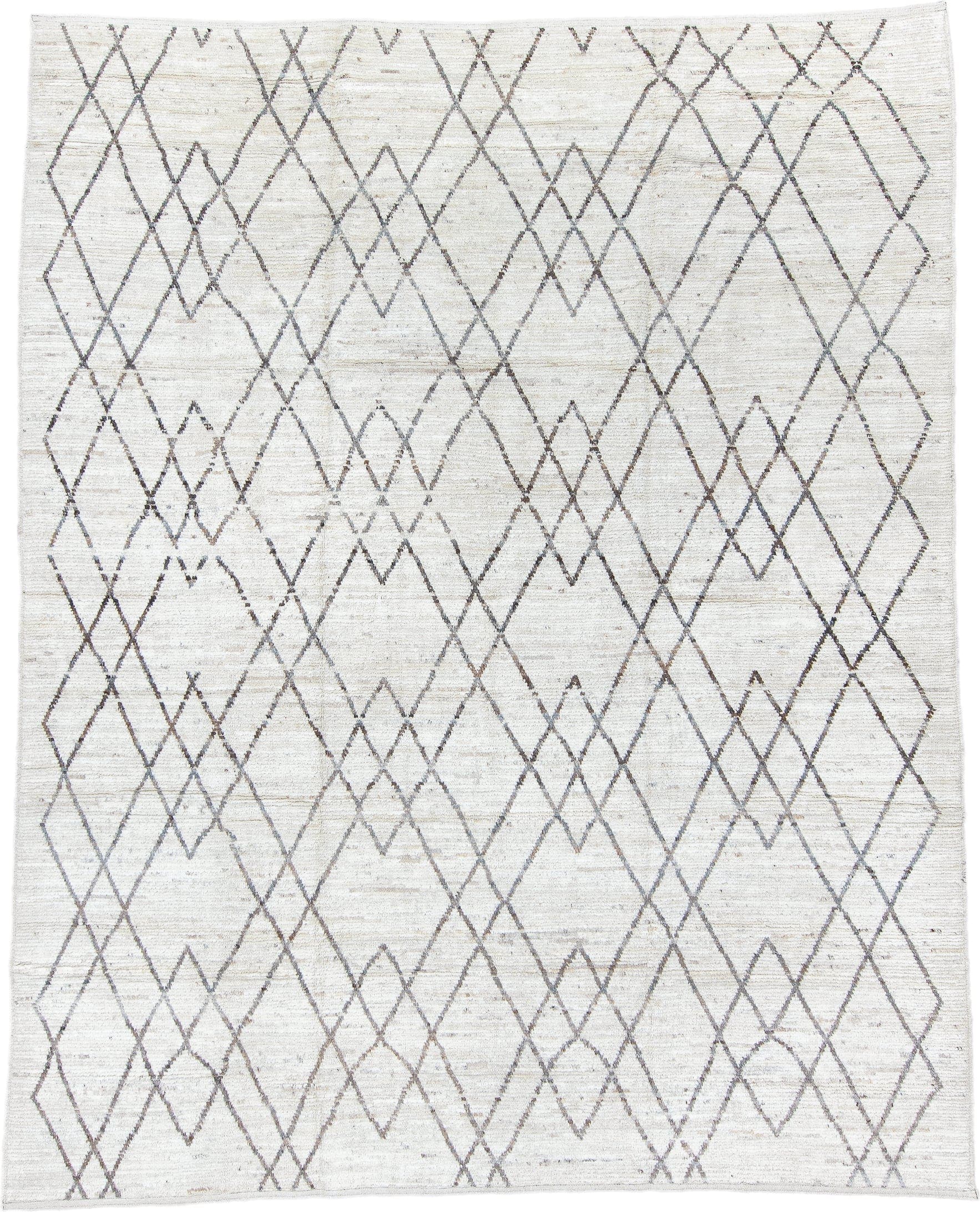 9' x 11' one-of-a-kind handmade vintage Tulu large size rug. Color palette: ivory, taupe, charcoal, cream, beige, gray